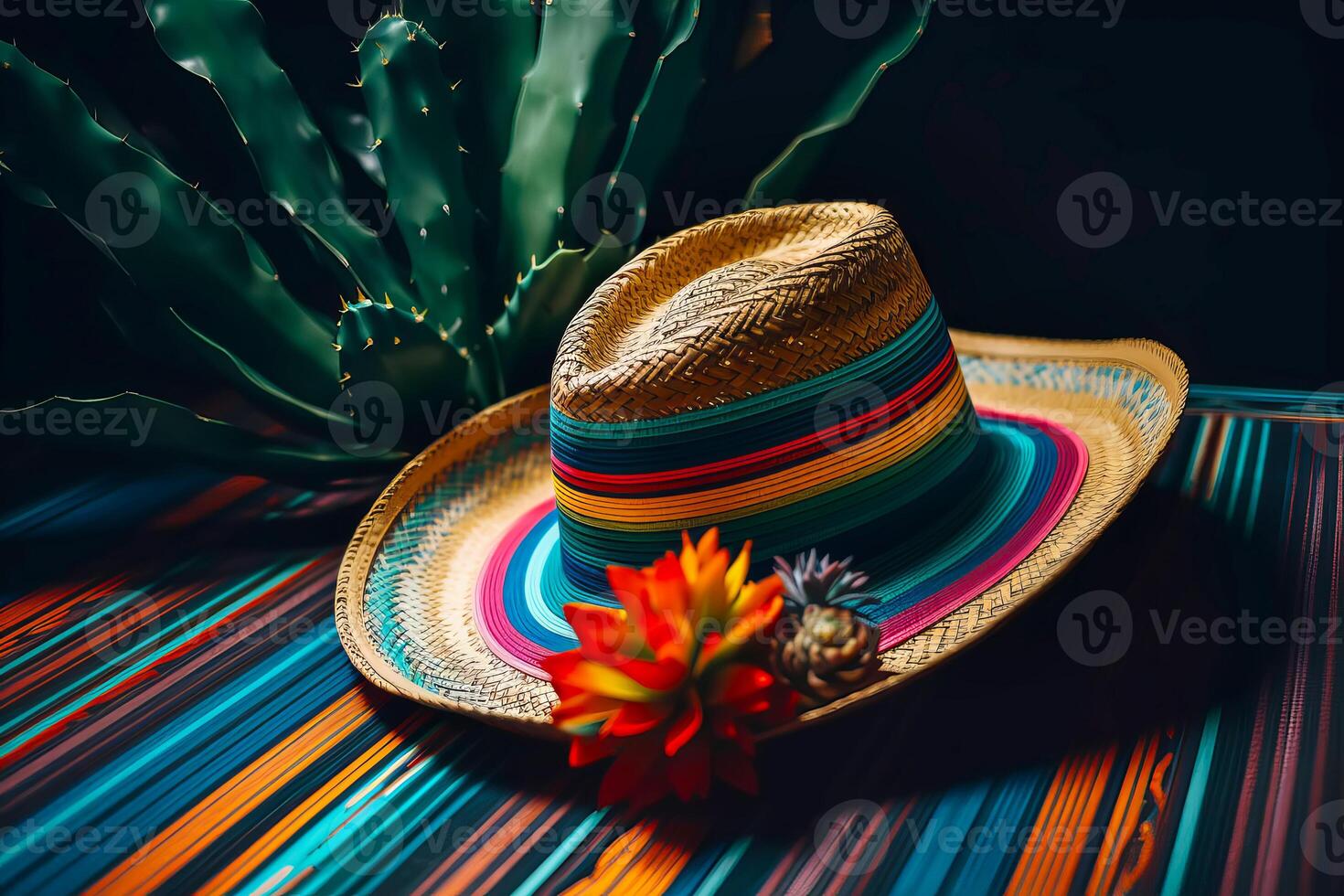 cinco de Mayo Urlaub Hintergrund. Mexikaner Blühen Kaktus und Party Sombrero Hut. generativ ai Illustration foto