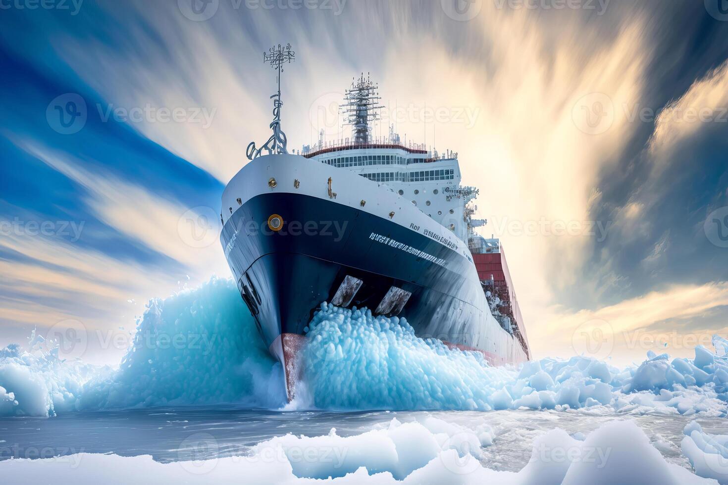 Eisbrecher geht kaputt Eis Höcker und Eis Schollen im das Arktis Ozean gegen von dramatisch Himmel. generativ ai Illustration foto