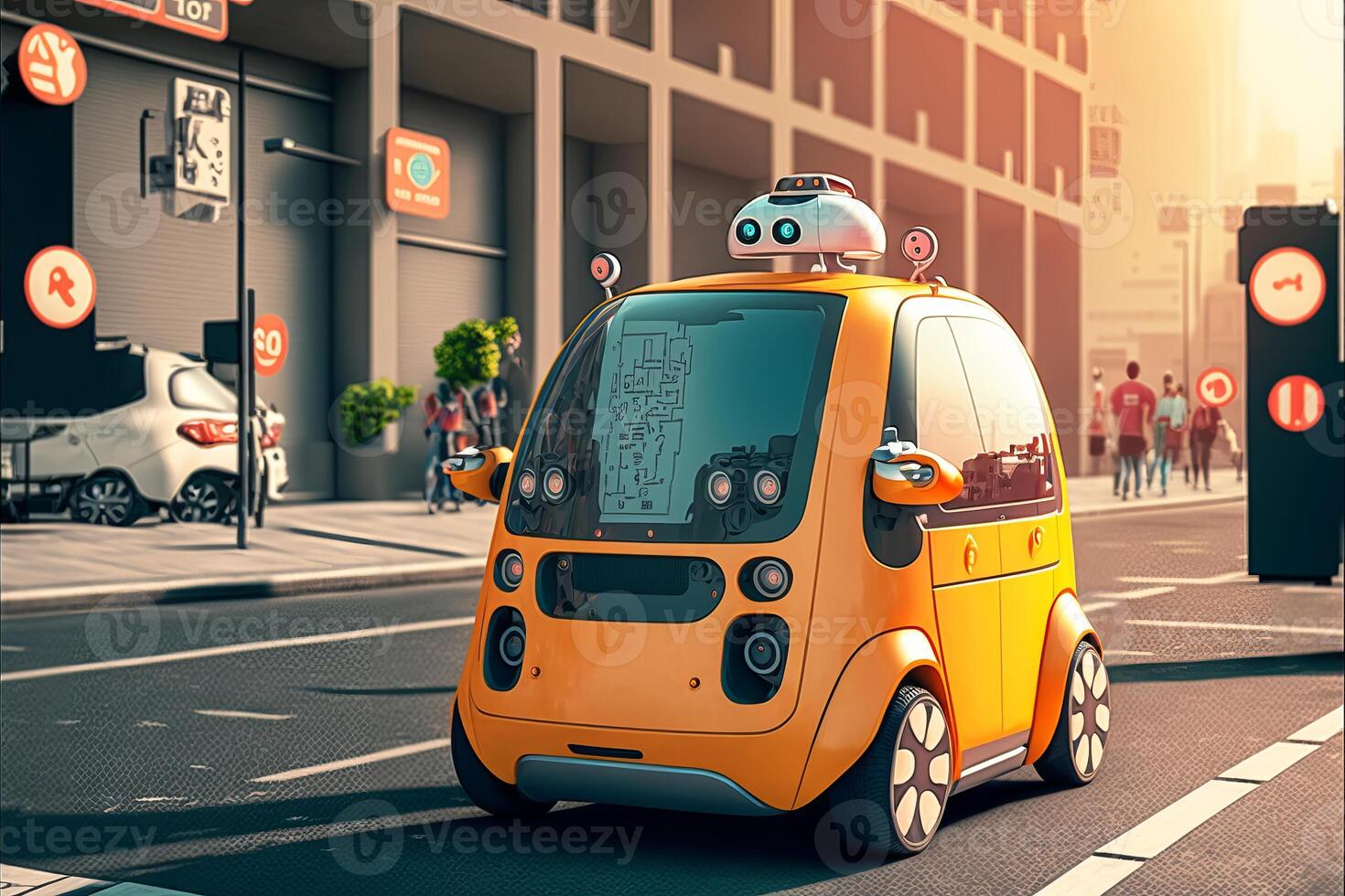 klein Gelb Roboter Taxi Fahrten entlang groß Stadt Straße. künstlich Intelligenz Kontrollen das Wagen. generativ ai Illustration foto