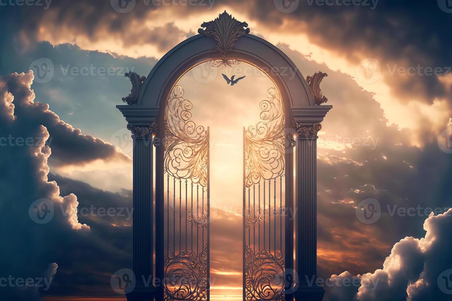 Himmel Tor zu Himmel Ende von Leben. Treppe zu Himmel. religiös Hintergrund. Portal unter das Wolken. generativ ai Illustration foto