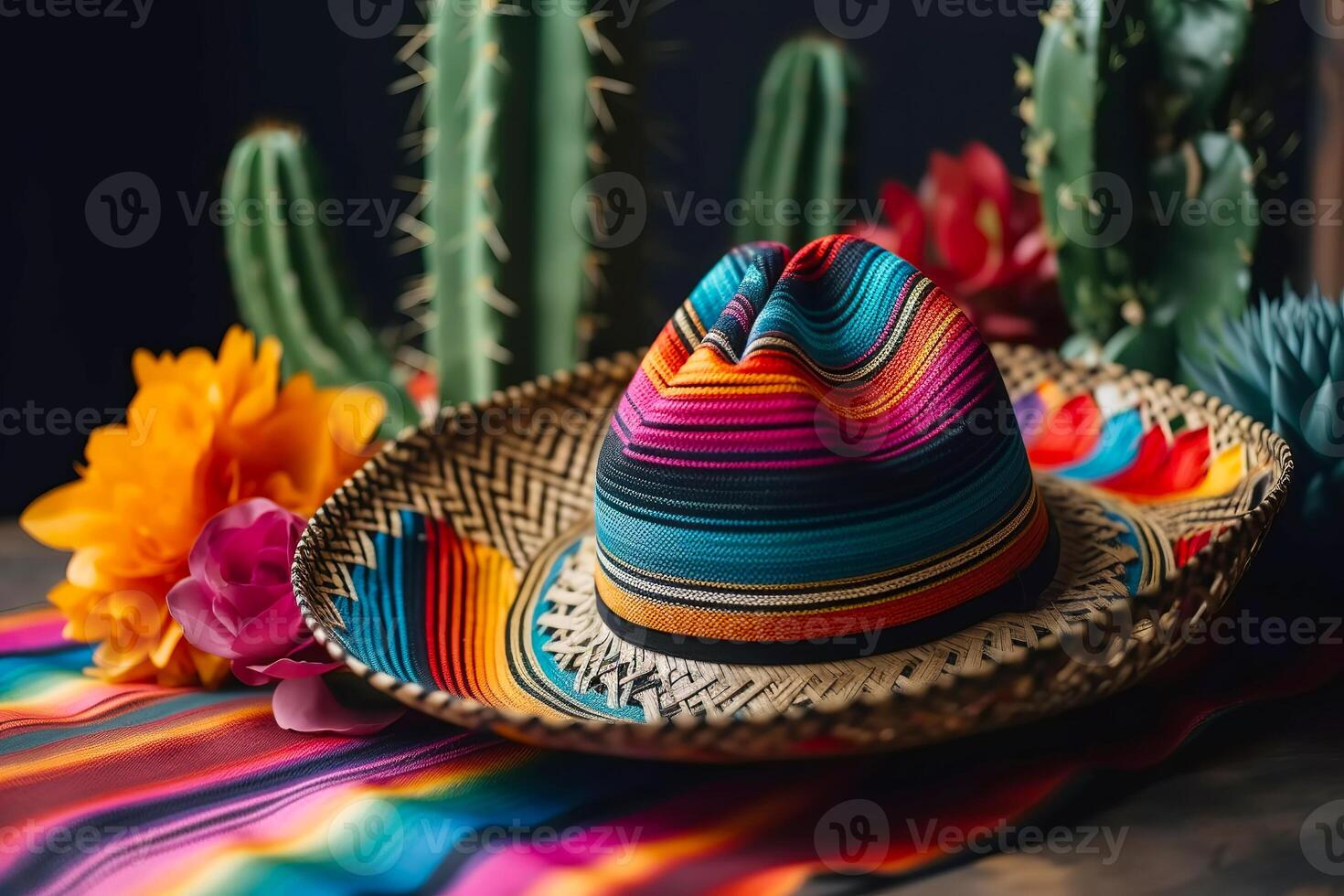 cinco de Mayo Urlaub Hintergrund. Mexikaner Blühen Kaktus und Party Sombrero Hut. generativ ai Illustration foto