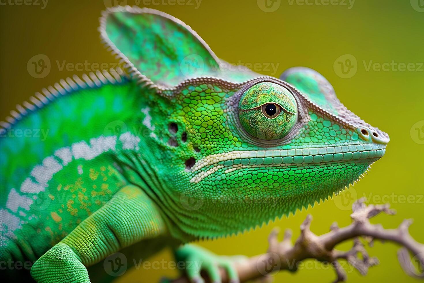 Nahansicht Porträt von ein Chamäleon mit hell exotisch Haut im Grün Farben. generativ ai Illustration foto