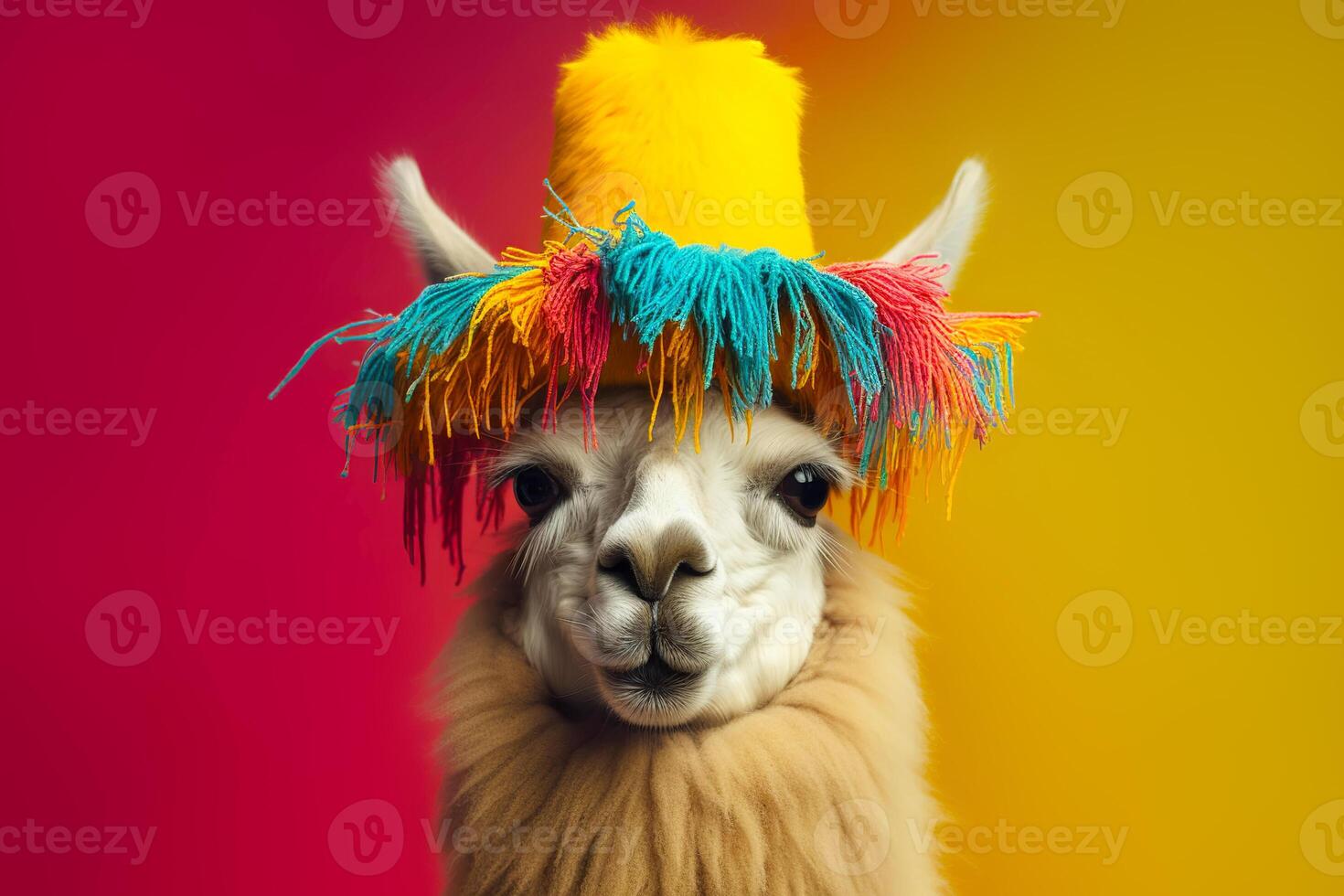 Lama tragen bunt traditionell Hut auf ein rot Gelb Hintergrund. generativ ai foto