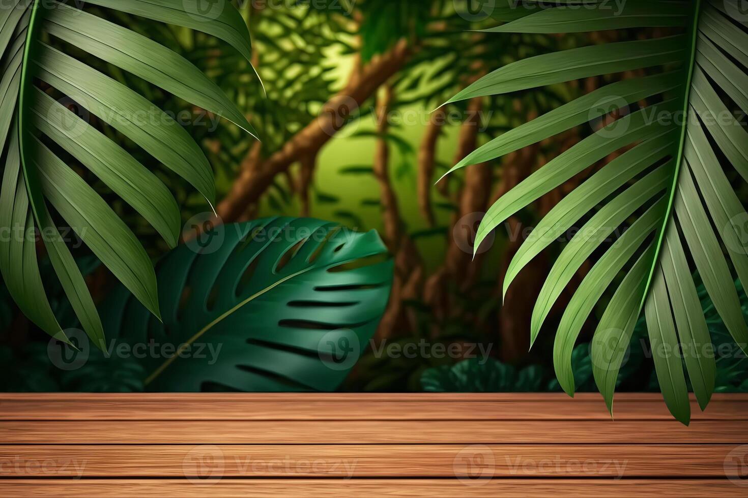 leeren hölzern Podium zum Produkt Anzeige auf Grün tropisch Blätter Hintergrund. generativ ai Illustration foto
