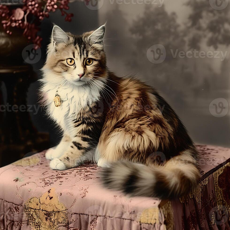 ai generiert. ai generativ. 1910er Jahre Jahrgang retro farbig Foto realistisch Fotografie Illustration. Stift Tier Kitty Katze entspannen Stimmung. Grafik Kunst