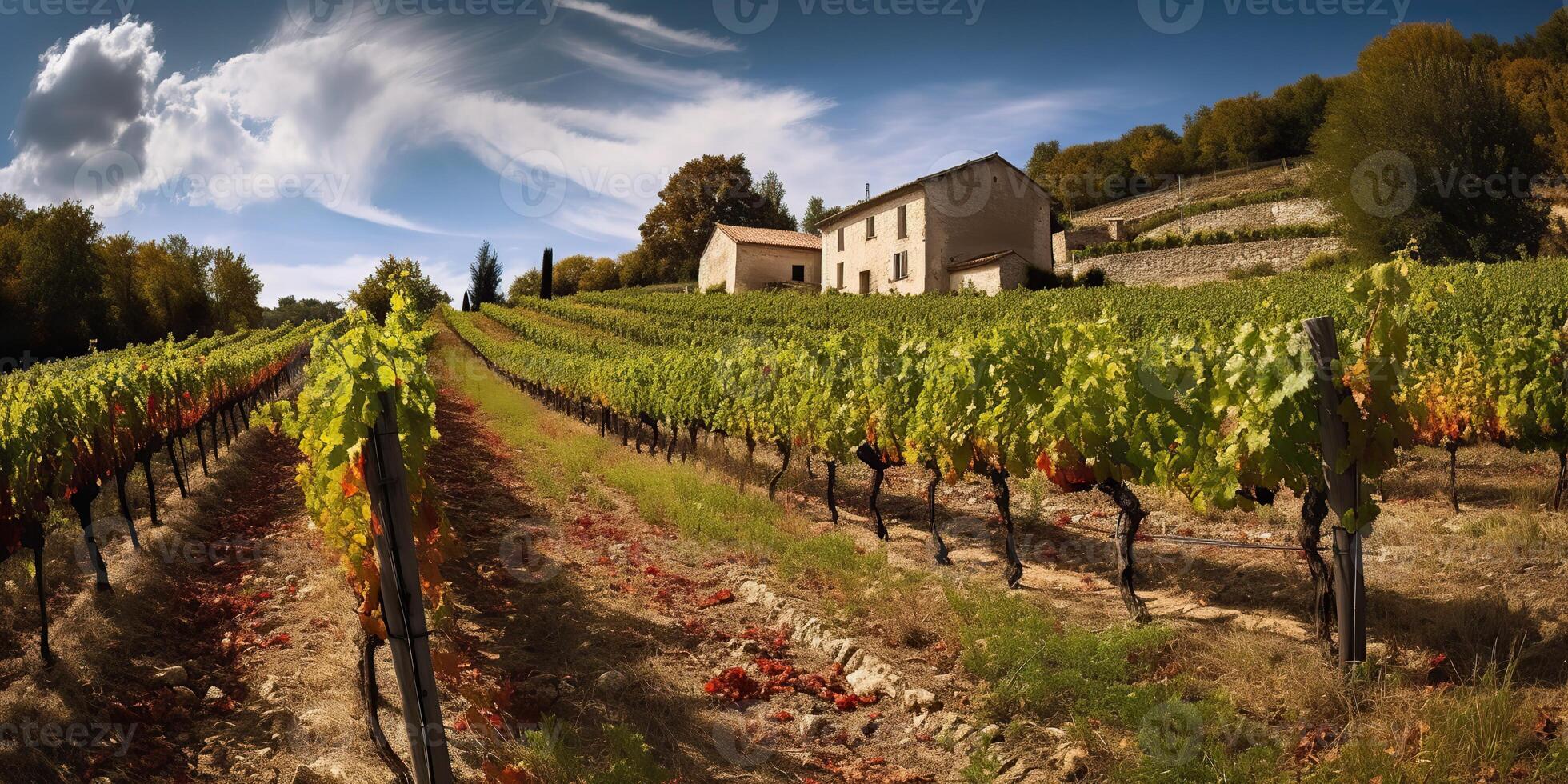 ai generiert. ai generativ. Weinberg beim Süd Frankreich Provence. Wein Pflanze Garten Ernte. romantisch entspannen Ausruhen Stimmung. Grafik Kunst foto