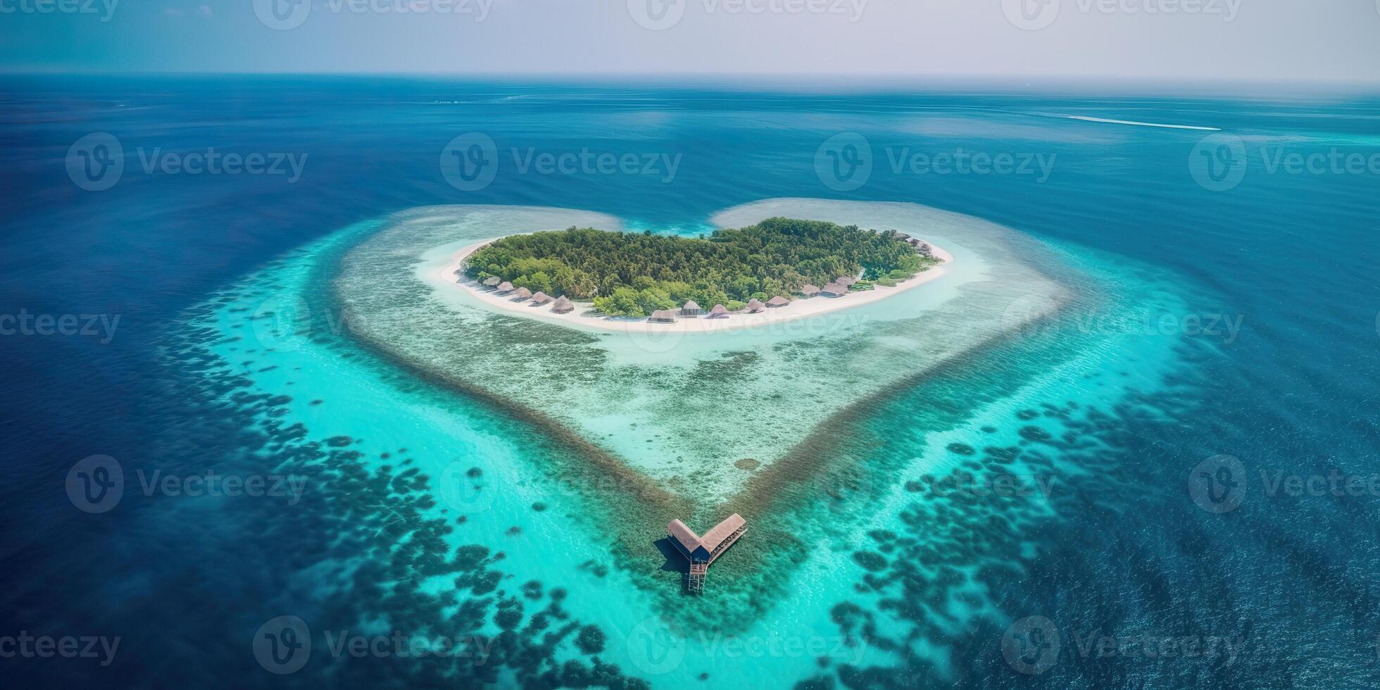 ai generiert. ai generativ. Antenne Drohne Foto realistisch Illustration von Insel Malediven im Herz Form. Paradies Abenteuer Ferien tropisch Stimmung. Grafik Kunst
