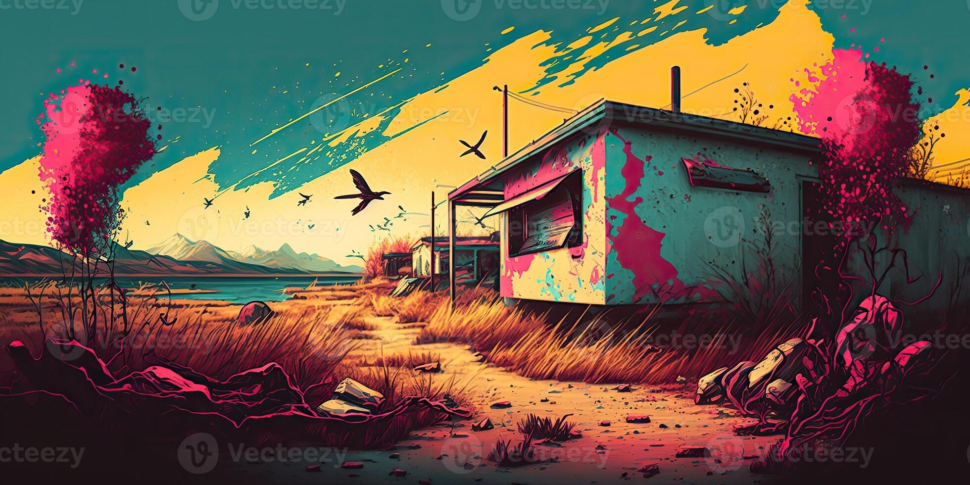 ai generiert. ai generativ. Illustration Hintergrund von Gelb Jahrgang retro Feld Landschaft. Tinte Farbe Bürste Zeichnung abstrakt Graffiti Kunst. Grafik Kunst foto