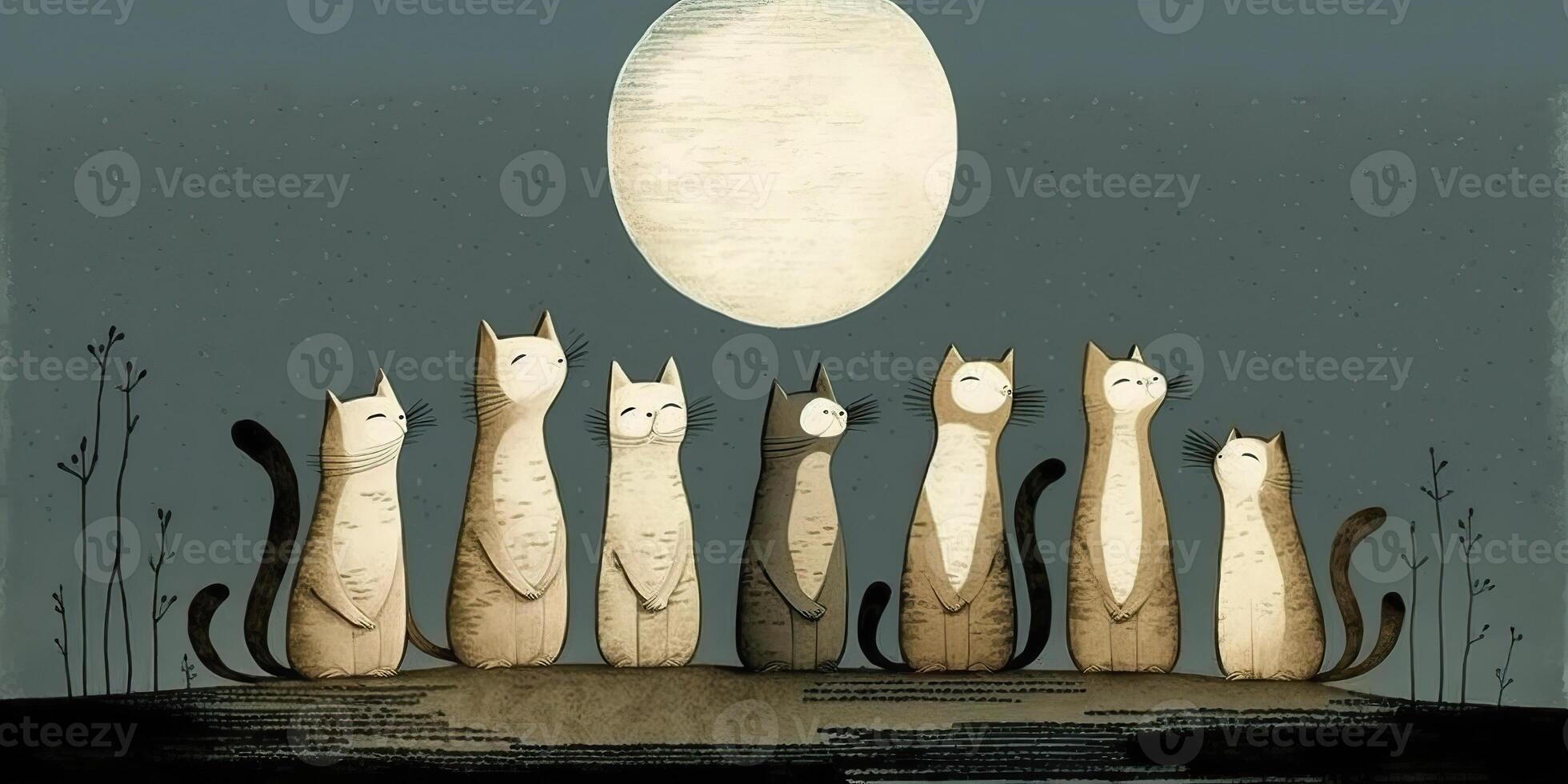 ai generiert. Karikatur Illustration von Katzen suchen beim Mond. nahe Magie romantisch Stimmung. inspiriert durch jon Klassen. ai generativ. Grafik Kunst foto