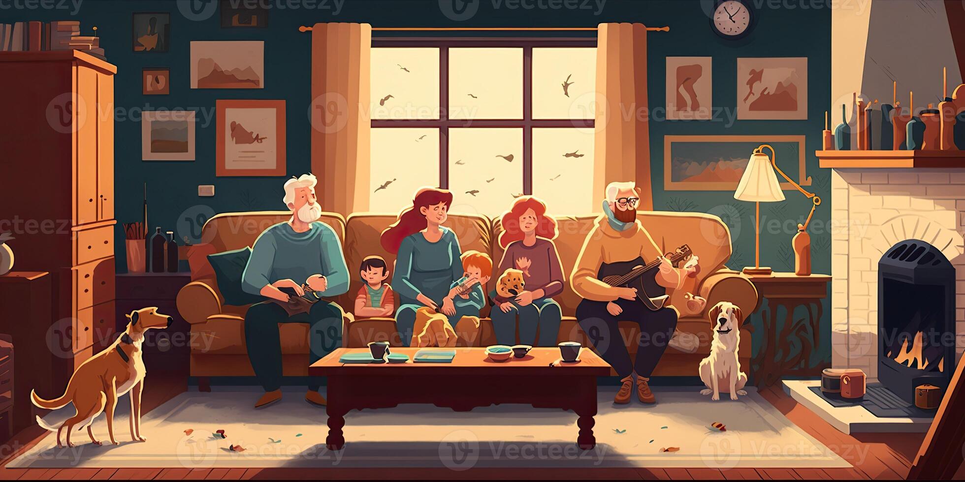 ai generiert. ai generativ. Karikatur Stil gemütlich Zuhause groß Familie Illustration. glücklich Stimmung Urlaub. Grafik Kunst foto