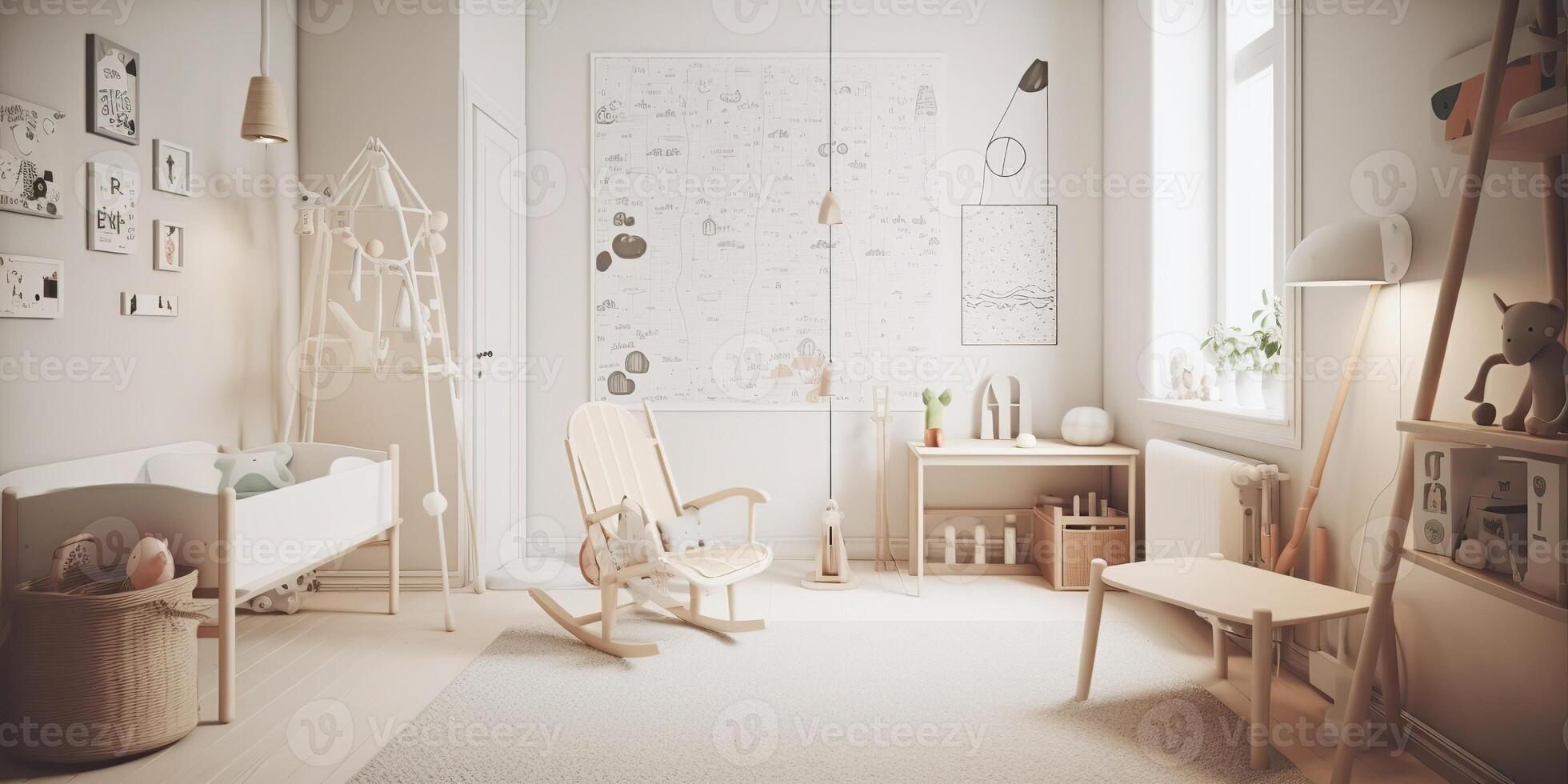 ai generiert. ai generativ. fotorealistisch Kindergarten Zimmer im gemütlich warm Familie skandinavisch Stil. Haus Wohnung Lebensstil Liebe groß Familie Kinder Stimmung. Grafik Kunst foto