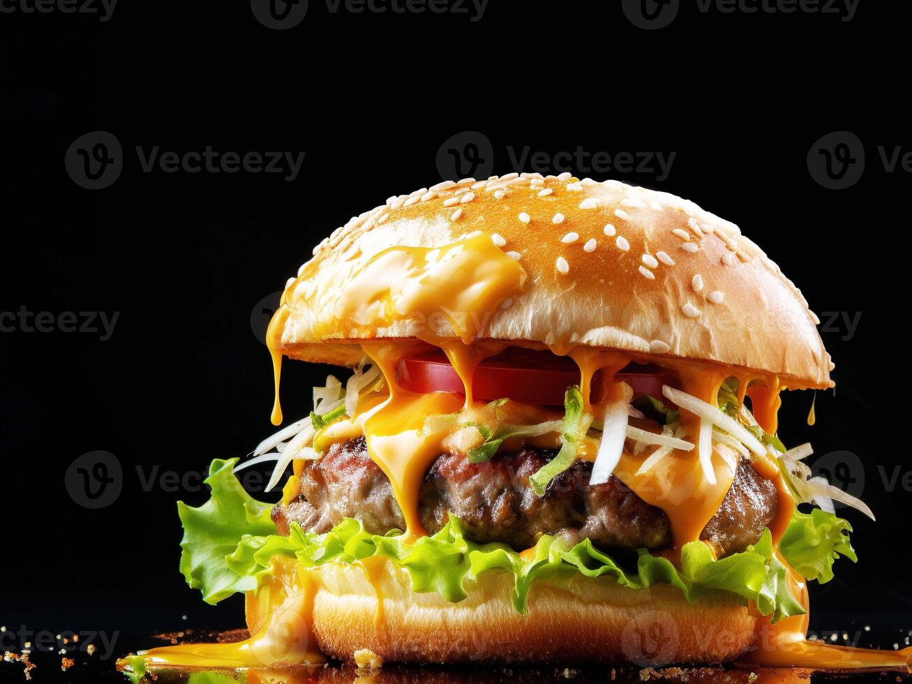groß und lecker Käse Burger auf schwarz Hintergrund mit Kopieren Raum zum Ihre Text. Essen Poster. generativ ai foto