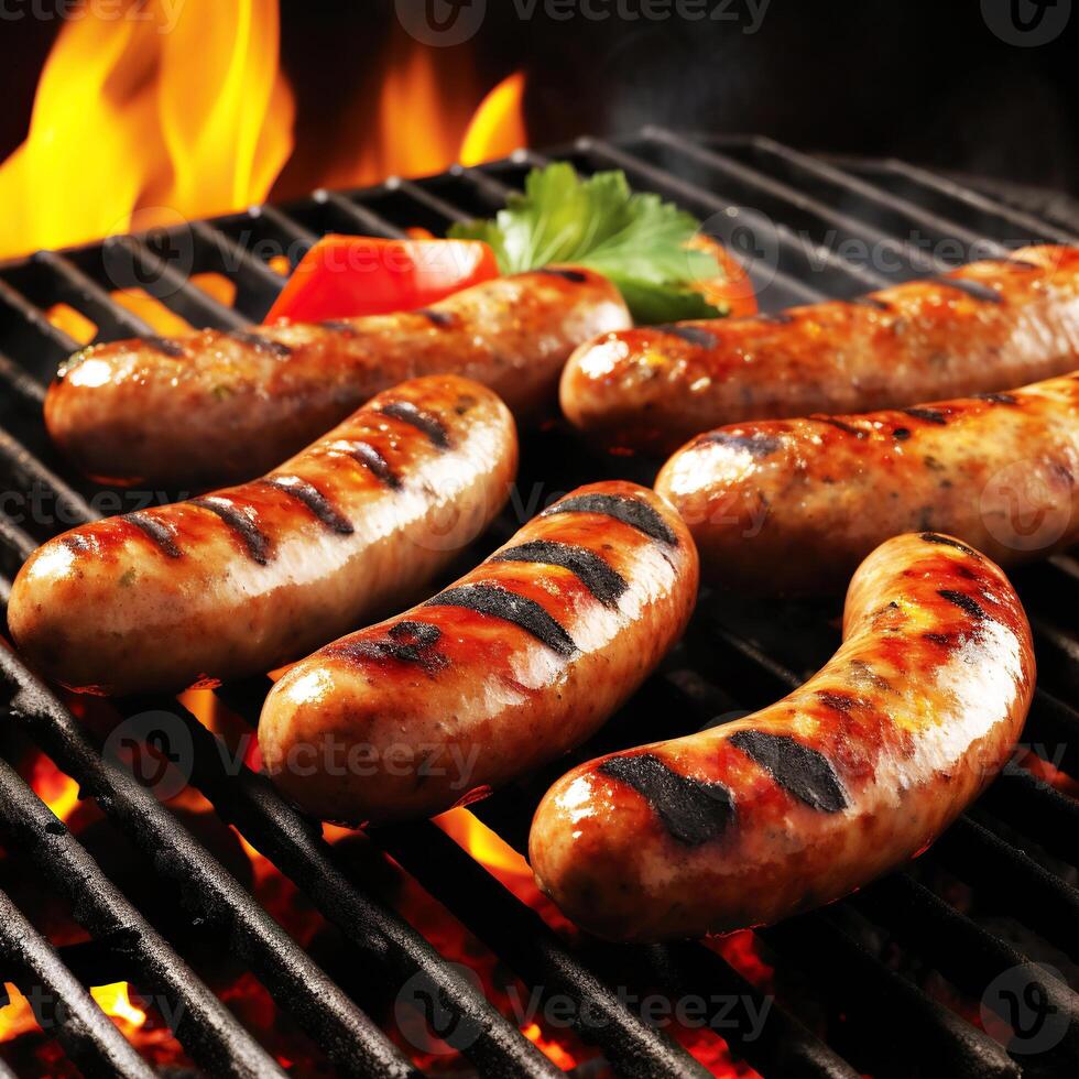 gegrillt Würste und Gemüse auf ein flammend Grill Grill. ein köstlich Essen Poster zum Sommer- Essen. generativ ai foto