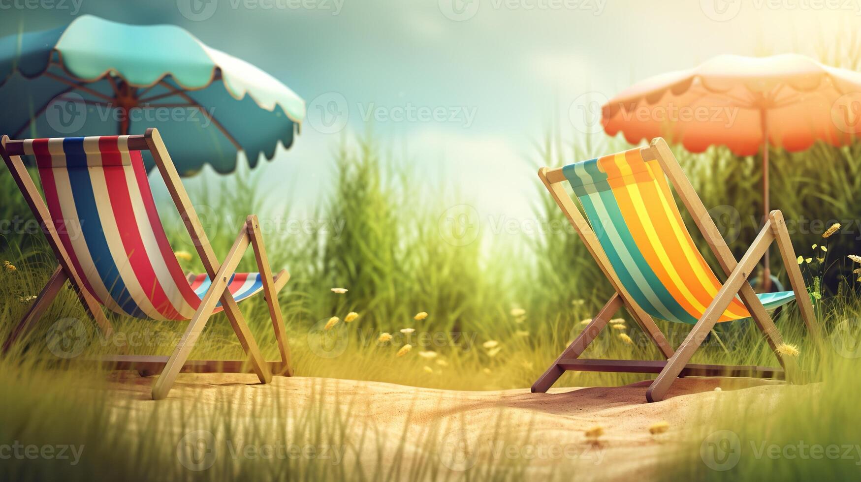 generativ ai Regenschirme und Hängematten umgeben durch Gras und Sand auf ein sonnig Tag. foto