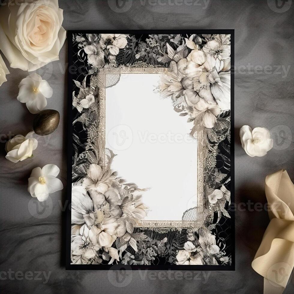 generativ ai, elegant und luxuriös Einladung zum ein Hochzeit Jahrestag mit Blumen- Einzelheiten foto