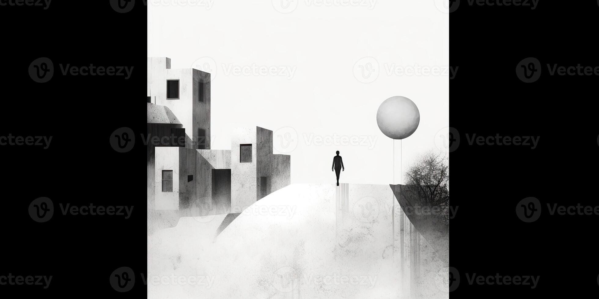 ai generiert. ai generativ. Surrealismus einsam Stimmung Illustration mit ein einsam Mann Person im städtisch Stadt minimal Dekoration. Grafik Kunst foto