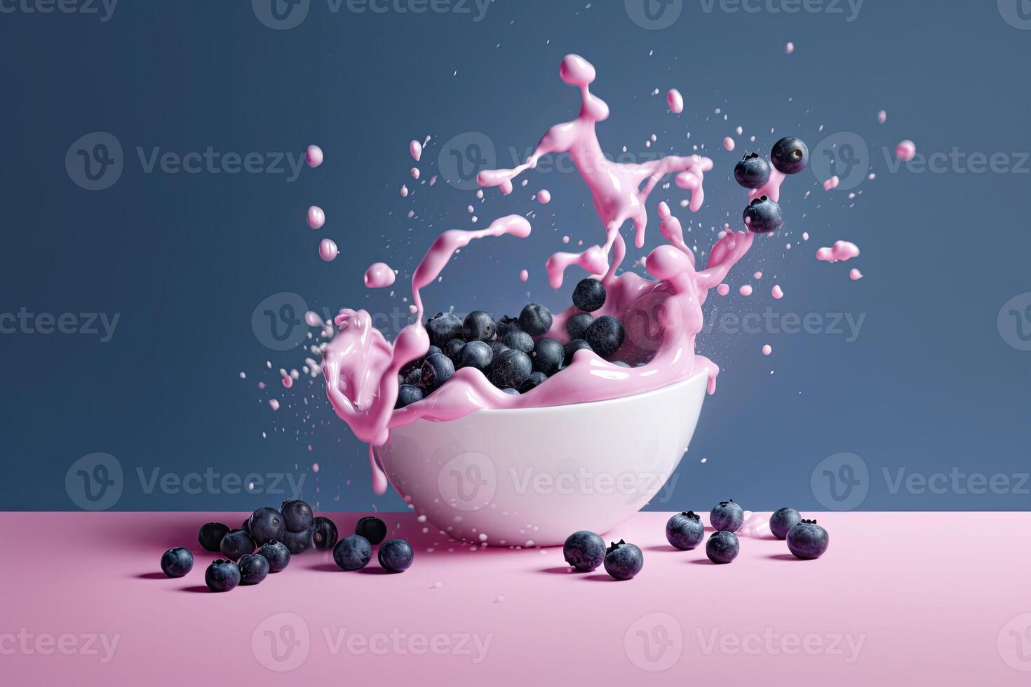 Spritzen von lecker Joghurt und frisch Blaubeeren auf violett Hintergrund. generativ ai foto