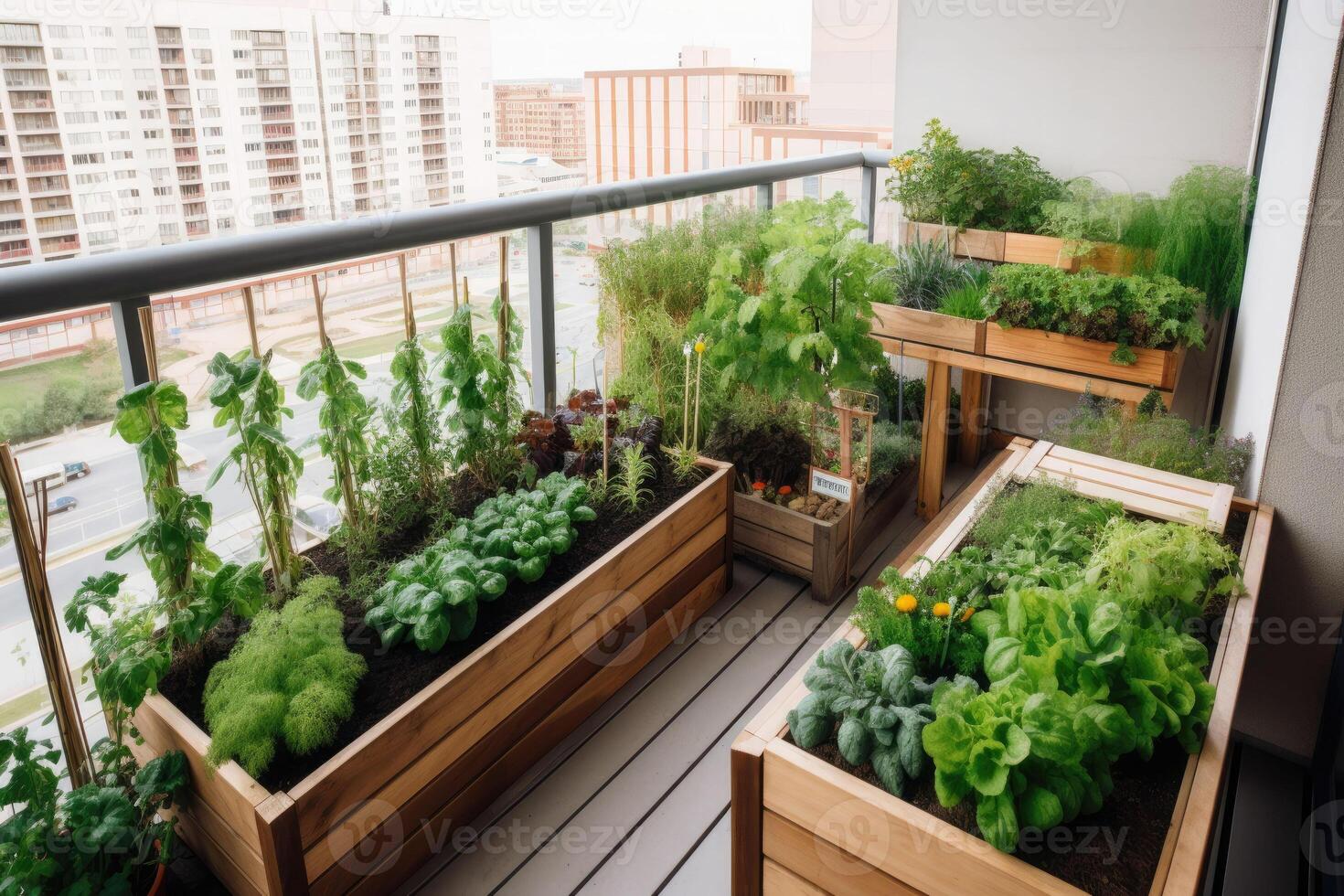 ein Gemüse und Kraut Garten auf ein Metropolitan- Wohnung Balkon mit Pflanzen wachsend oben das Seiten. generativ ai foto