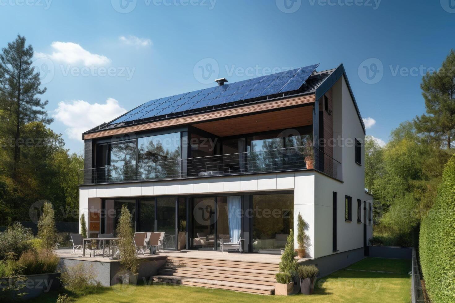 Solar- Paneele auf ein Giebel Dach. Schön, groß modern Haus und Solar- Energie. generativ ai foto