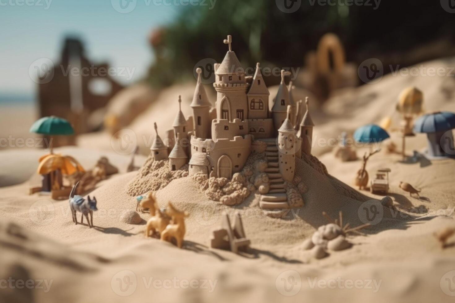 Sand Schloss mit Türme auf das Ufer von das sandig Strand Blau Meer. generativ ai foto