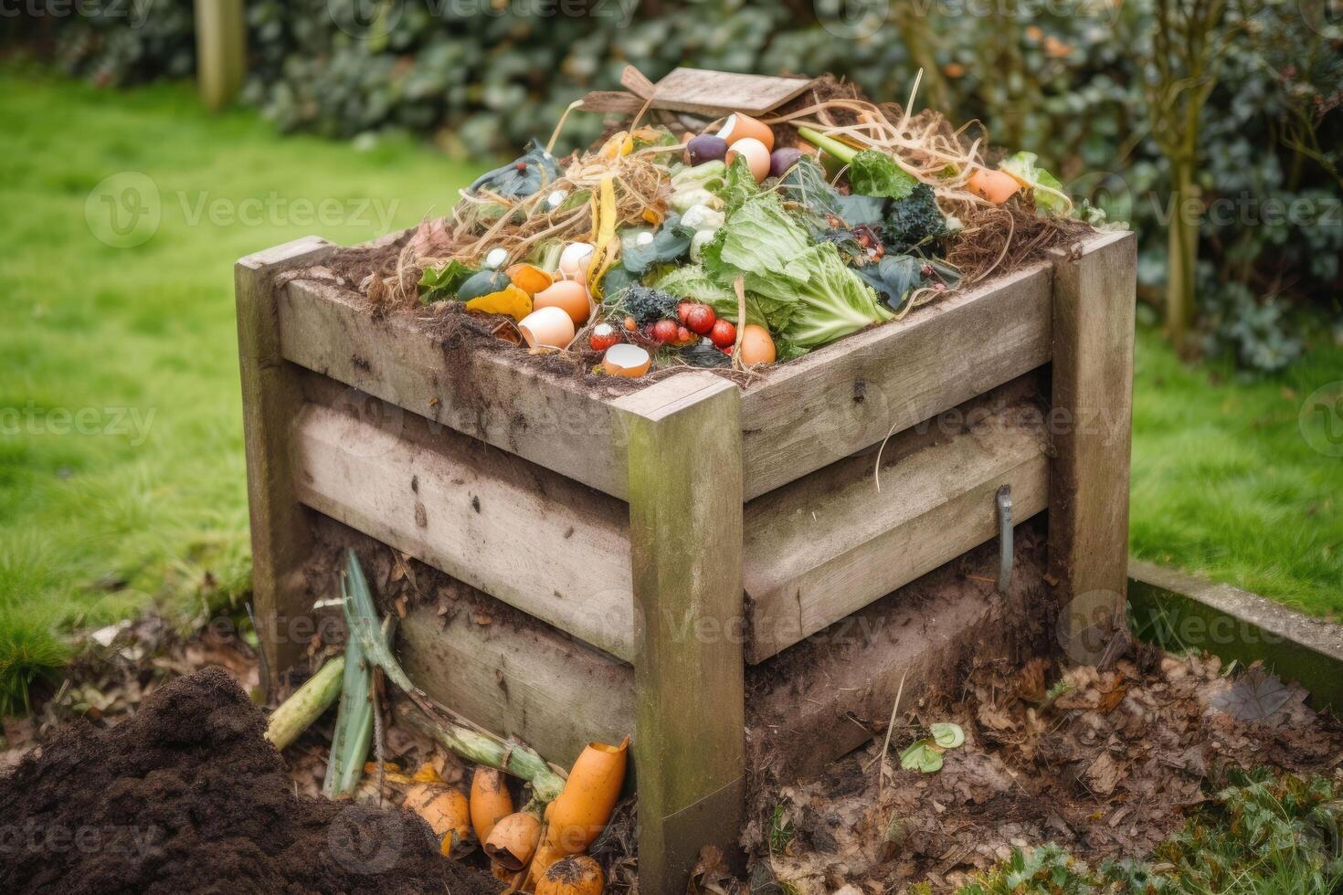 Kompost Behälter mit Essen Schrott und Gras Stecklinge. generativ ai foto