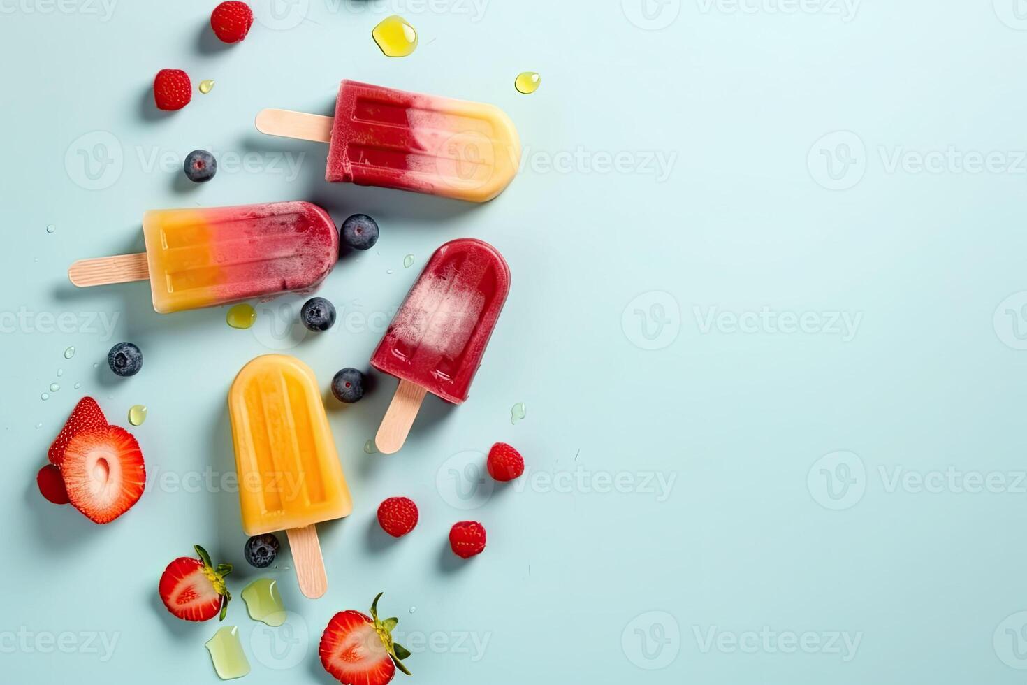 Eis Sahne Eis am Stiel mit Obst und Beeren auf Pastell- Hintergrund. generativ ai foto