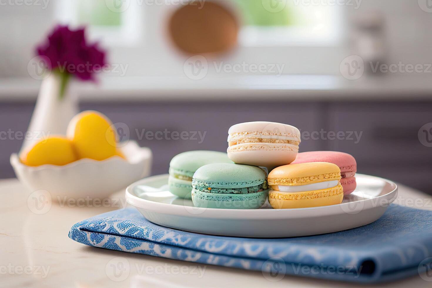 bunt Macarons auf einfach Teller im modern Weiß Küche. generativ ai foto