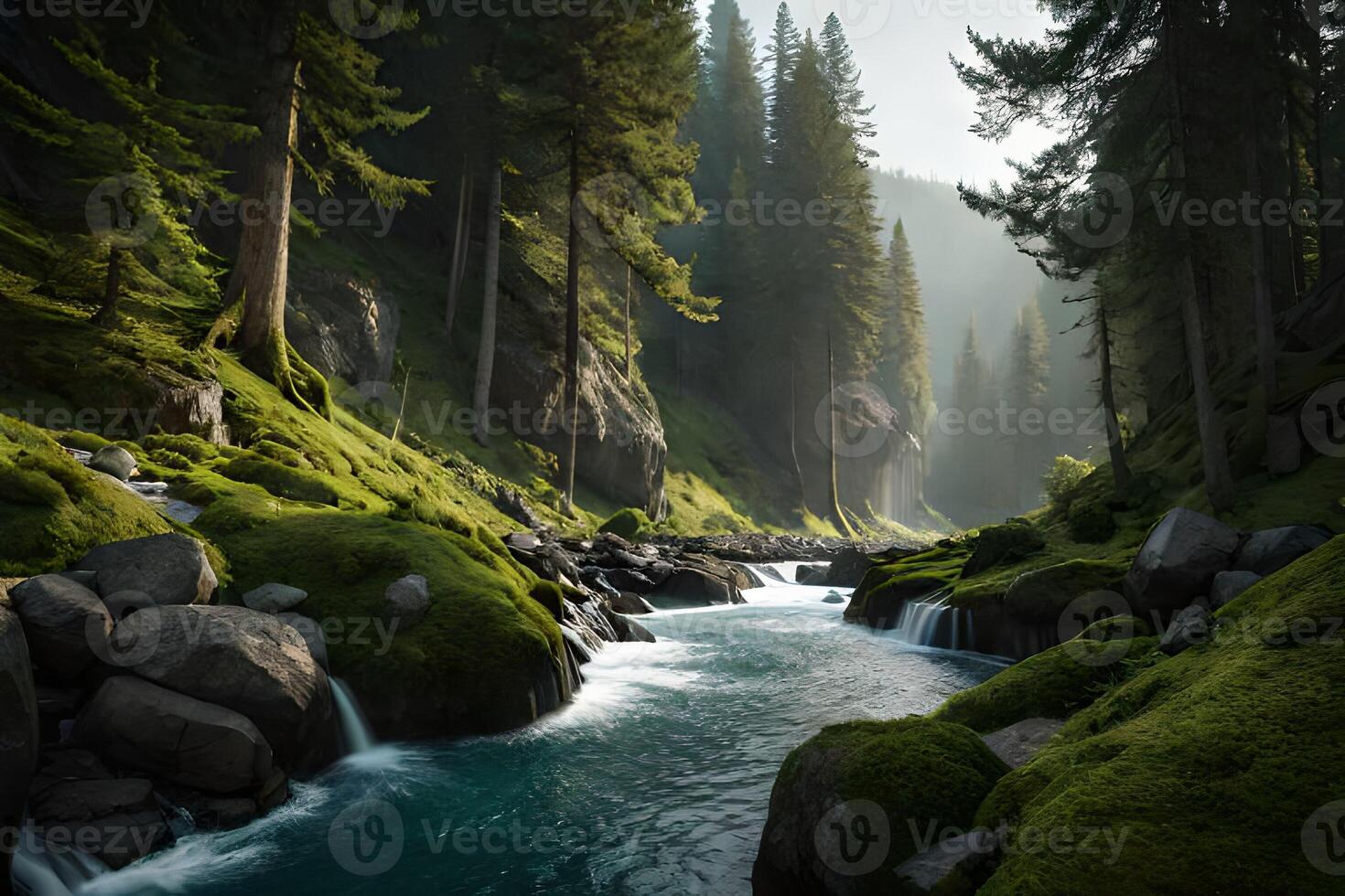 schön See unter das Berge ai generiert foto