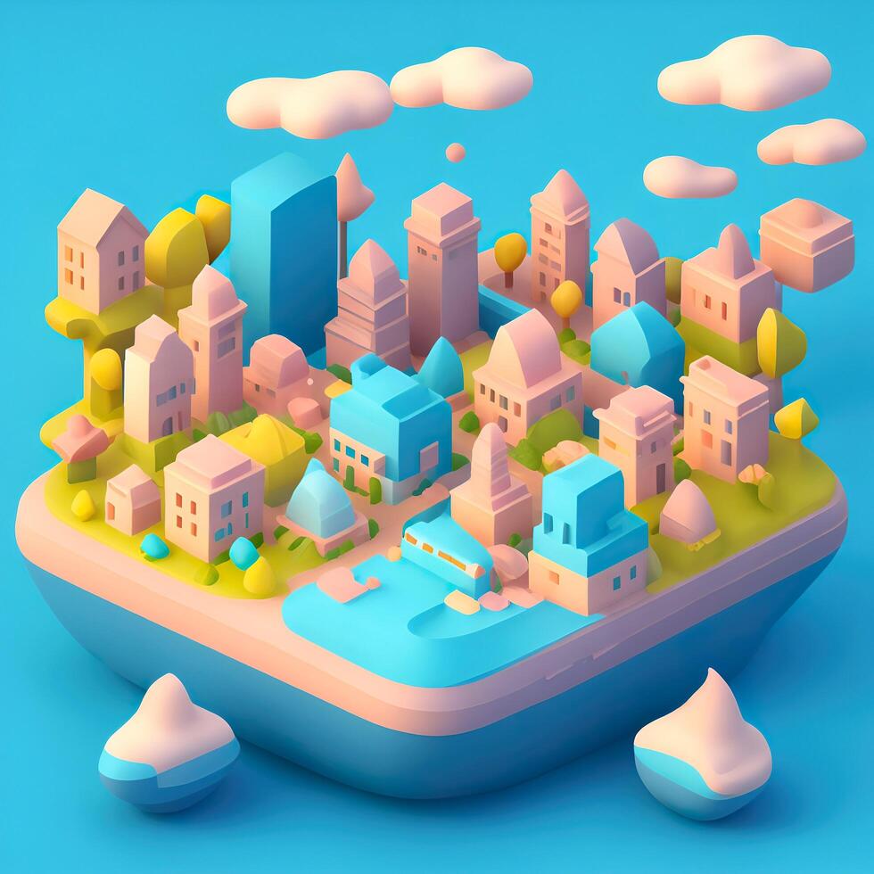 ein 3d isometrisch Karikatur Stil von ein Stadt mit ein Rosa und Blau Hintergrund. ai generiert foto