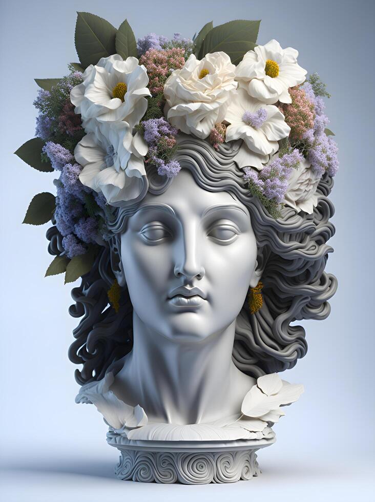 marmoriert griechisch Göttinnen Kopf mit Blumen ai generiert foto
