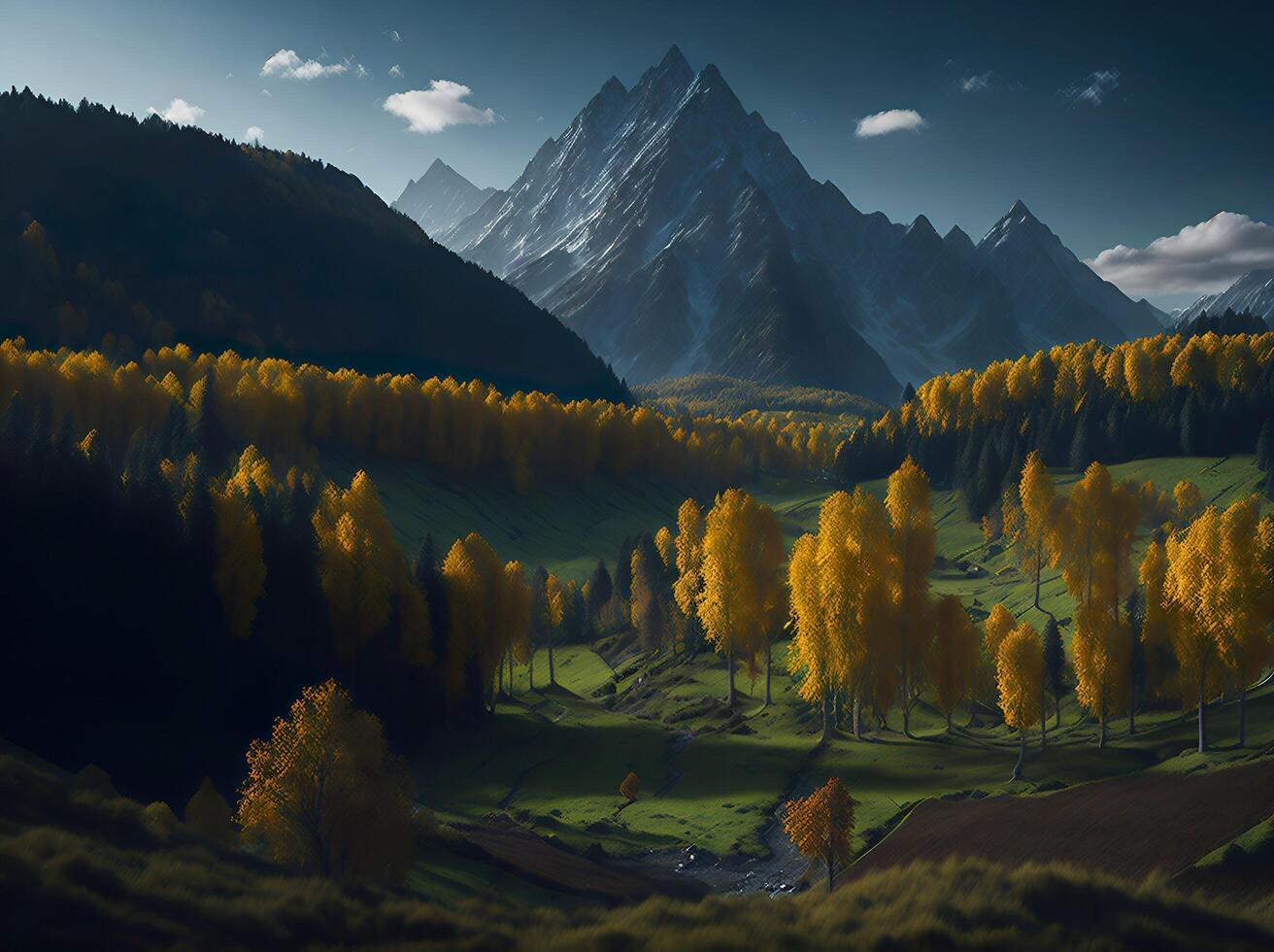 Herbst Landschaft im das Landschaft mit schön Wald und Berge ai generiert foto