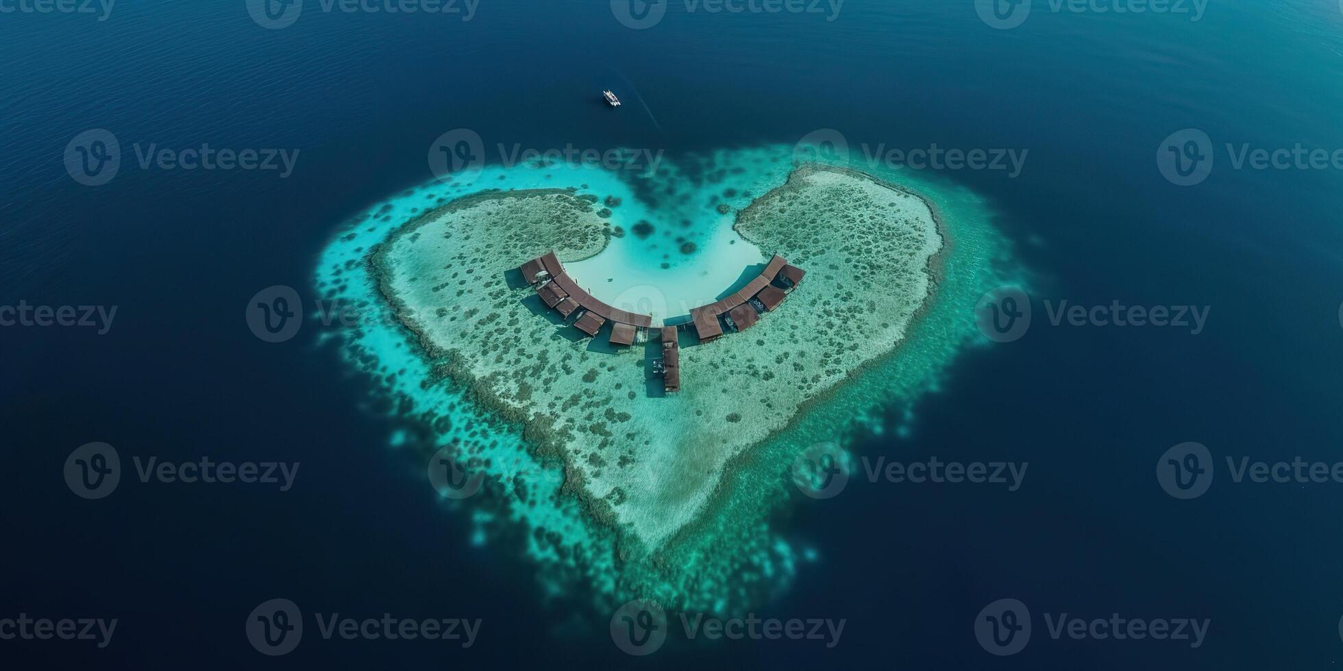 ai generiert. ai generativ. Antenne Drohne Foto realistisch Illustration von Insel Malediven im Herz Form. Paradies Abenteuer Ferien tropisch Stimmung. Grafik Kunst