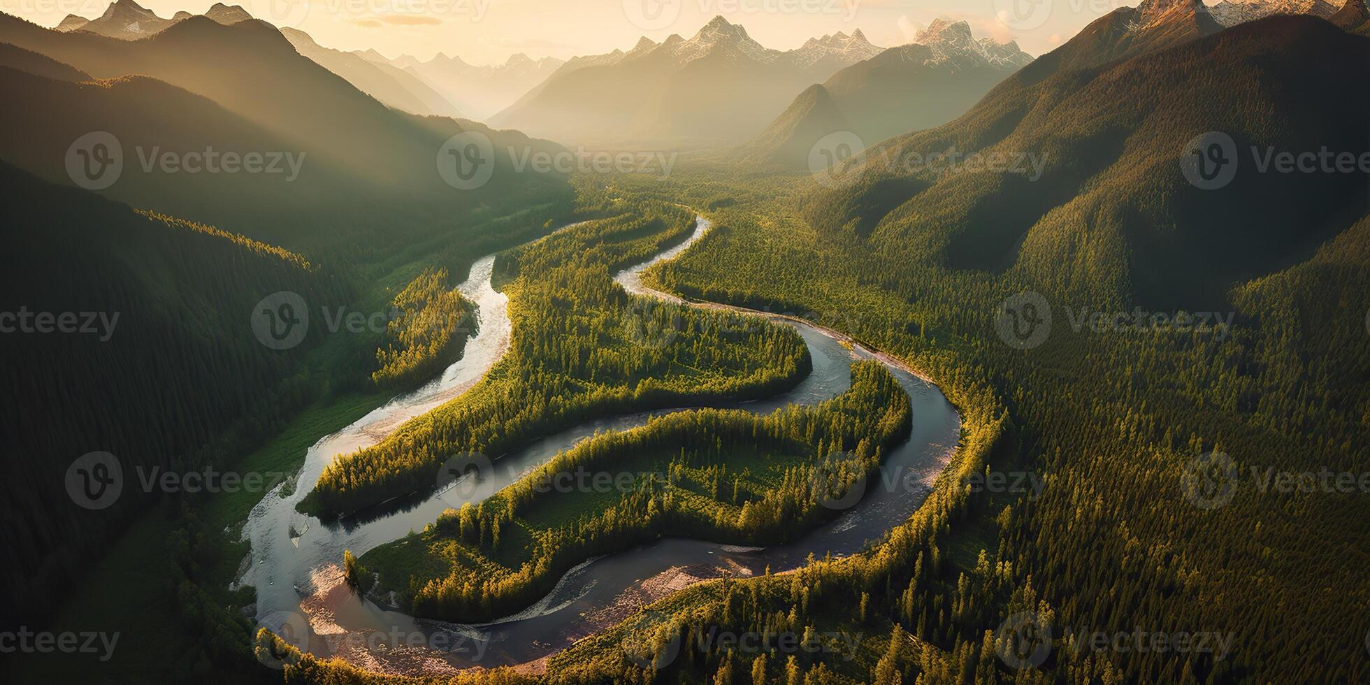 ai generiert. ai generativ. Antenne Drohne oben hoch Schuss Foto Illustration von Grün Wald und Fluss. Sonnenuntergang Abenteuer Stimmung. Grafik Kunst