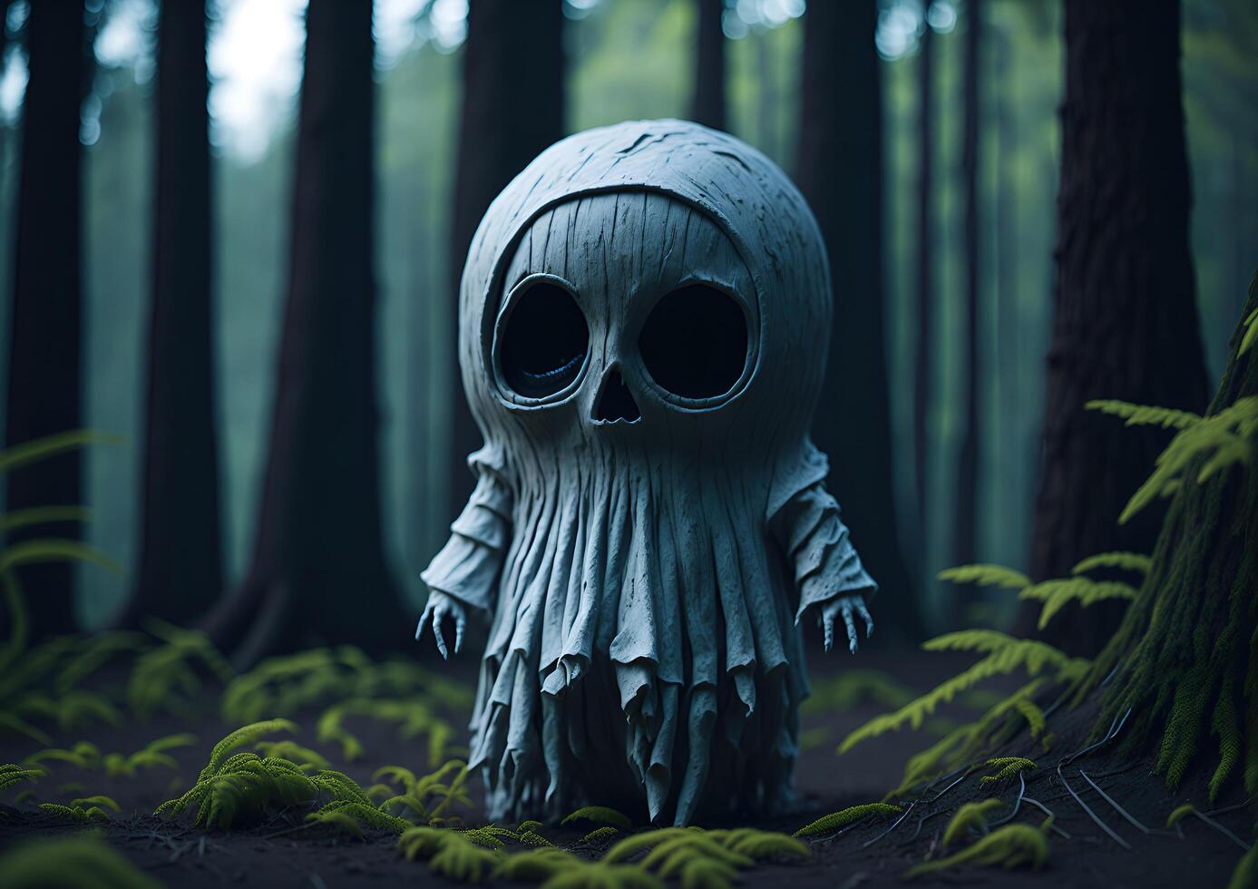 das unheimlich Geist Puppe im das gruselig Wald, ai generiert foto
