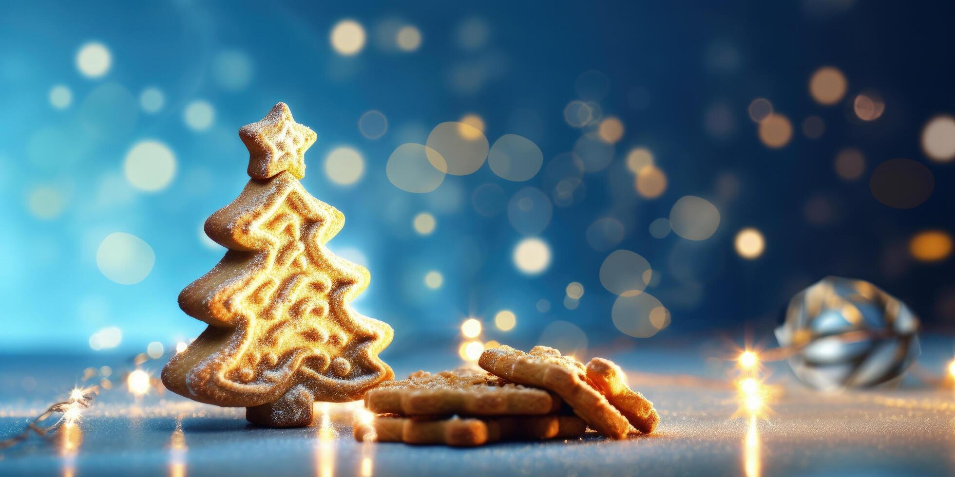 Weihnachten Baum Plätzchen Cutter auf golden glänzend funkeln, Illustration ai generativ foto