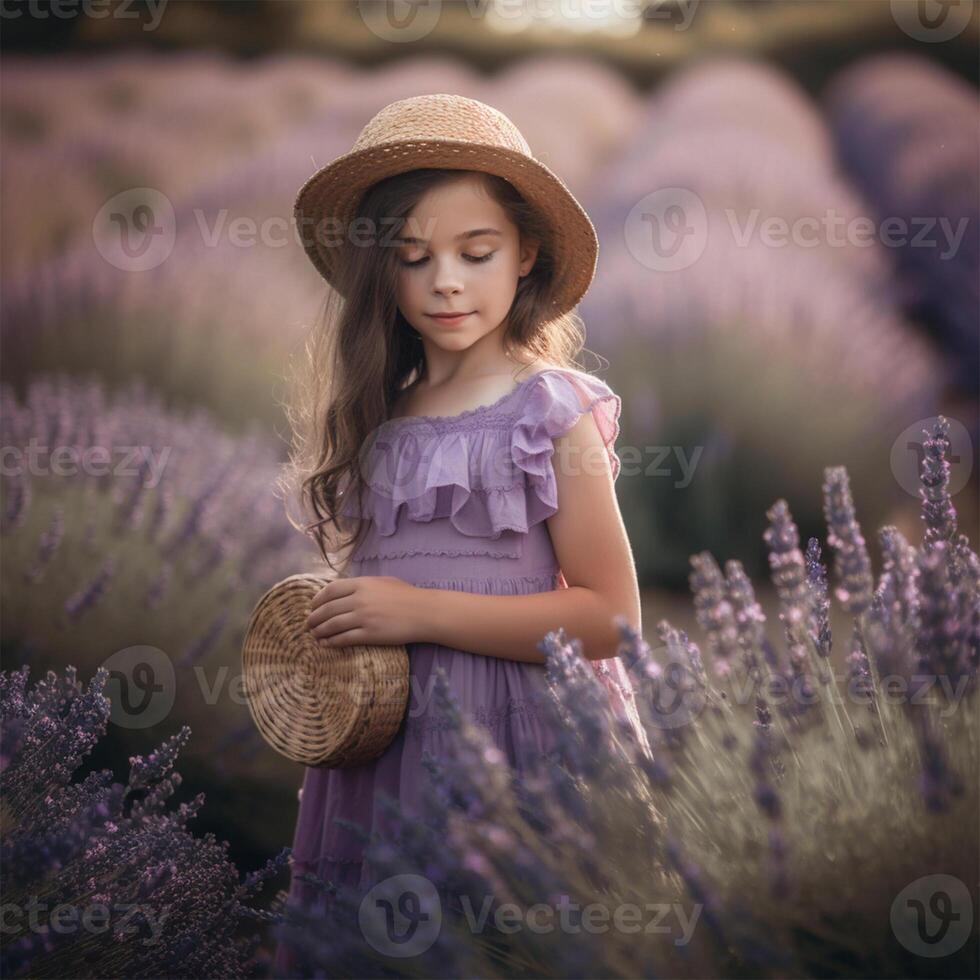 ein Mädchen im ein Lavendel Feld mit ein Hut generativ ai generiert foto