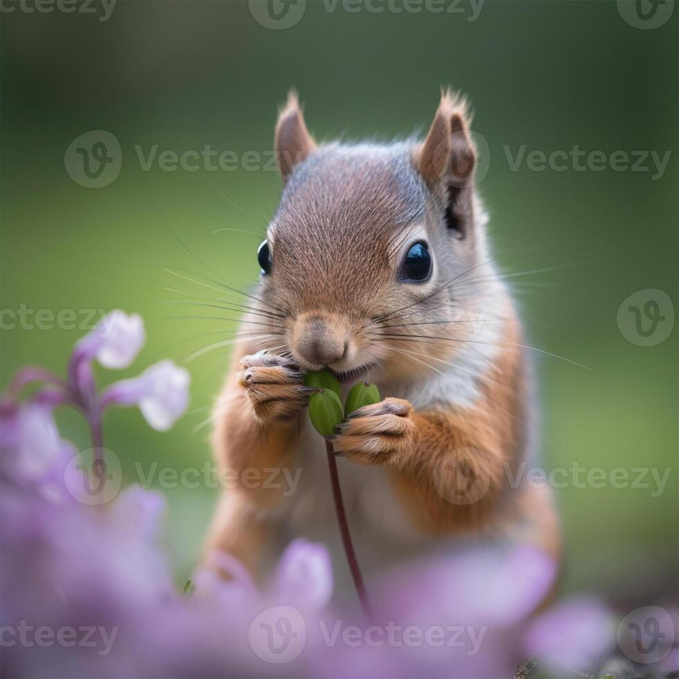 ein Eichhörnchen mit ein rot Gesicht ist Essen ein Blume generativ ai generiert foto