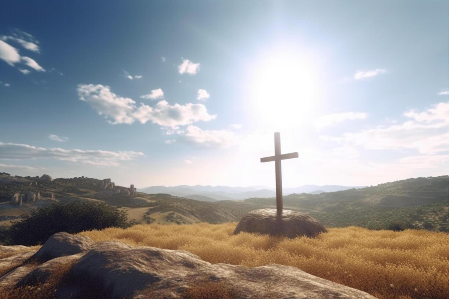 Christian hölzern Kreuz auf ein Hintergrund mit dramatisch Beleuchtung, Jesus Christus kreuzen, ai generativ foto