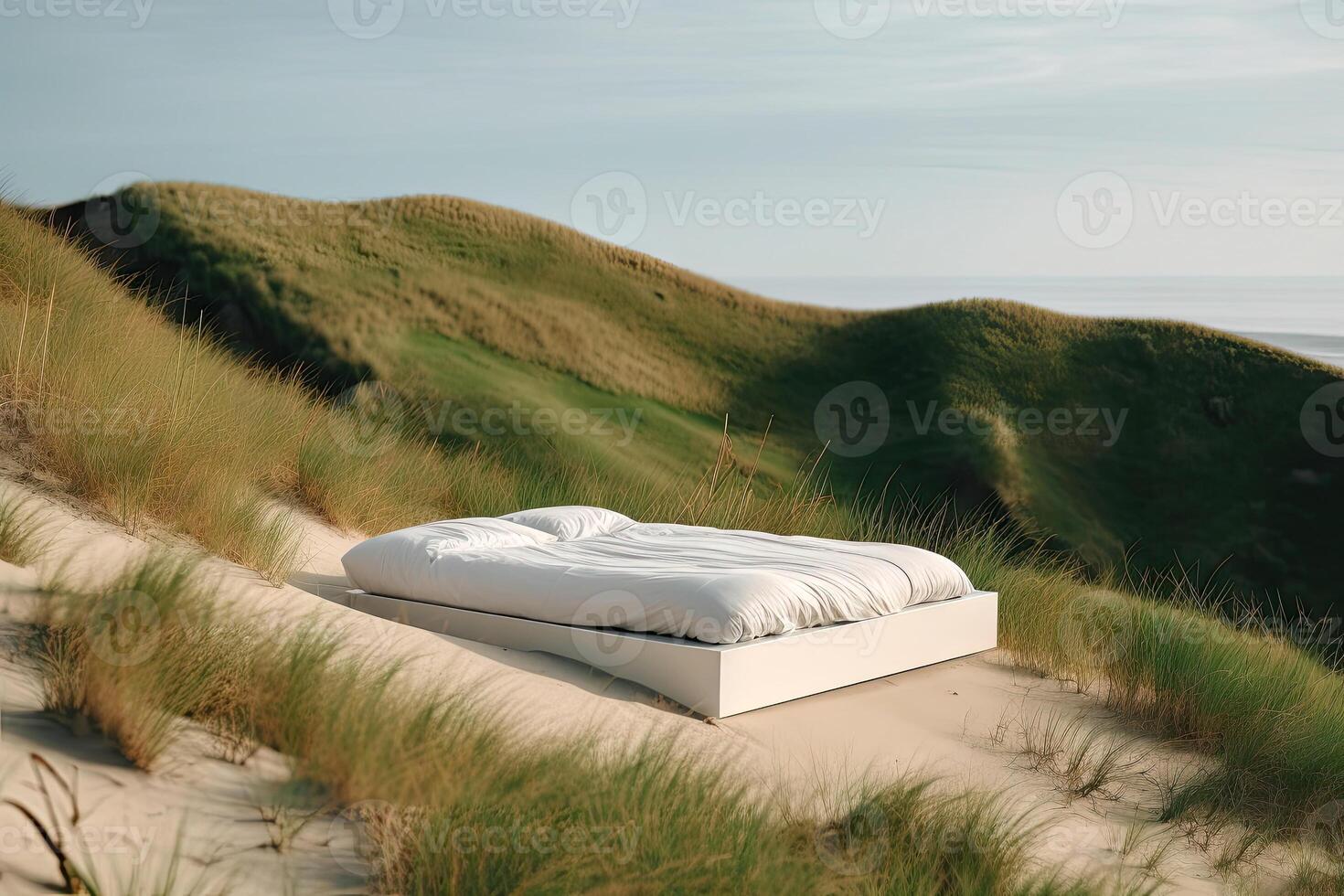 einsam Bett Stand auf Gras Düne Hügel mit schön Himmel, surreal traumhaft Landschaft, minimal Hintergrund, kreativ Szene, Wüste Szene mit Möbel, mit generativ ai. foto