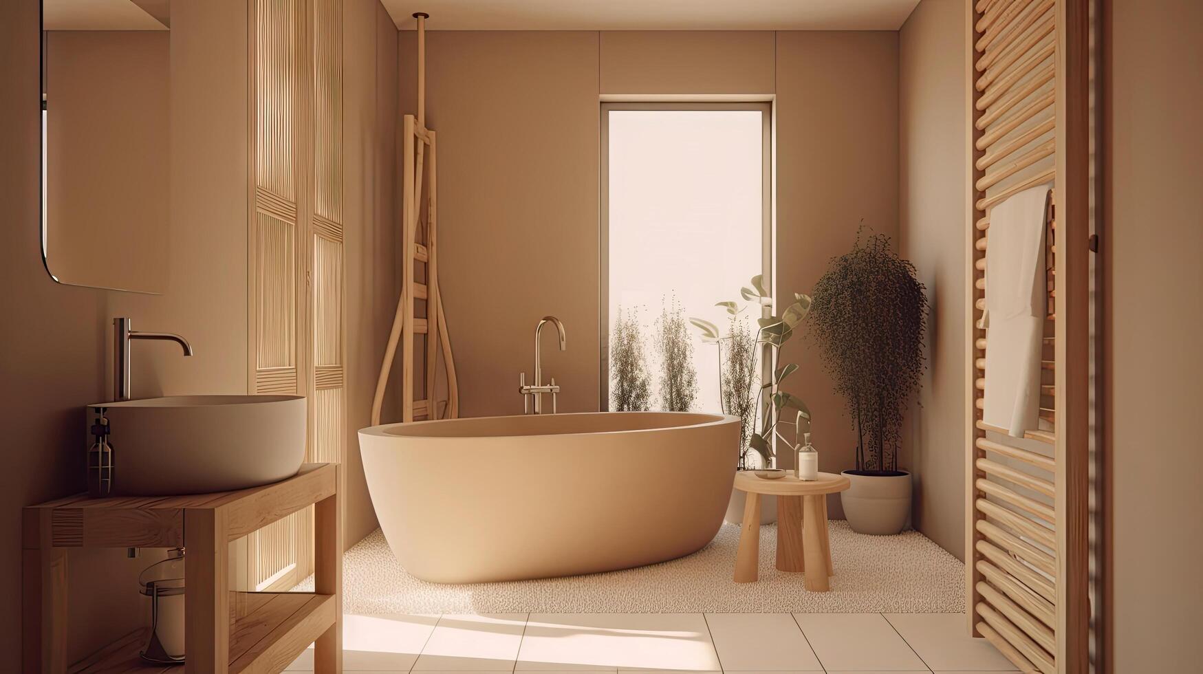 minimal Innere Design Badezimmer mit Beige gemütlich Ton Stil, schmücken mit hölzern Dekor, Badewanne, Waschbecken, Handtücher, und braun Ton Hintergrund, leeren Mauer zum spotten oben und Banner, mit generativ ai. foto