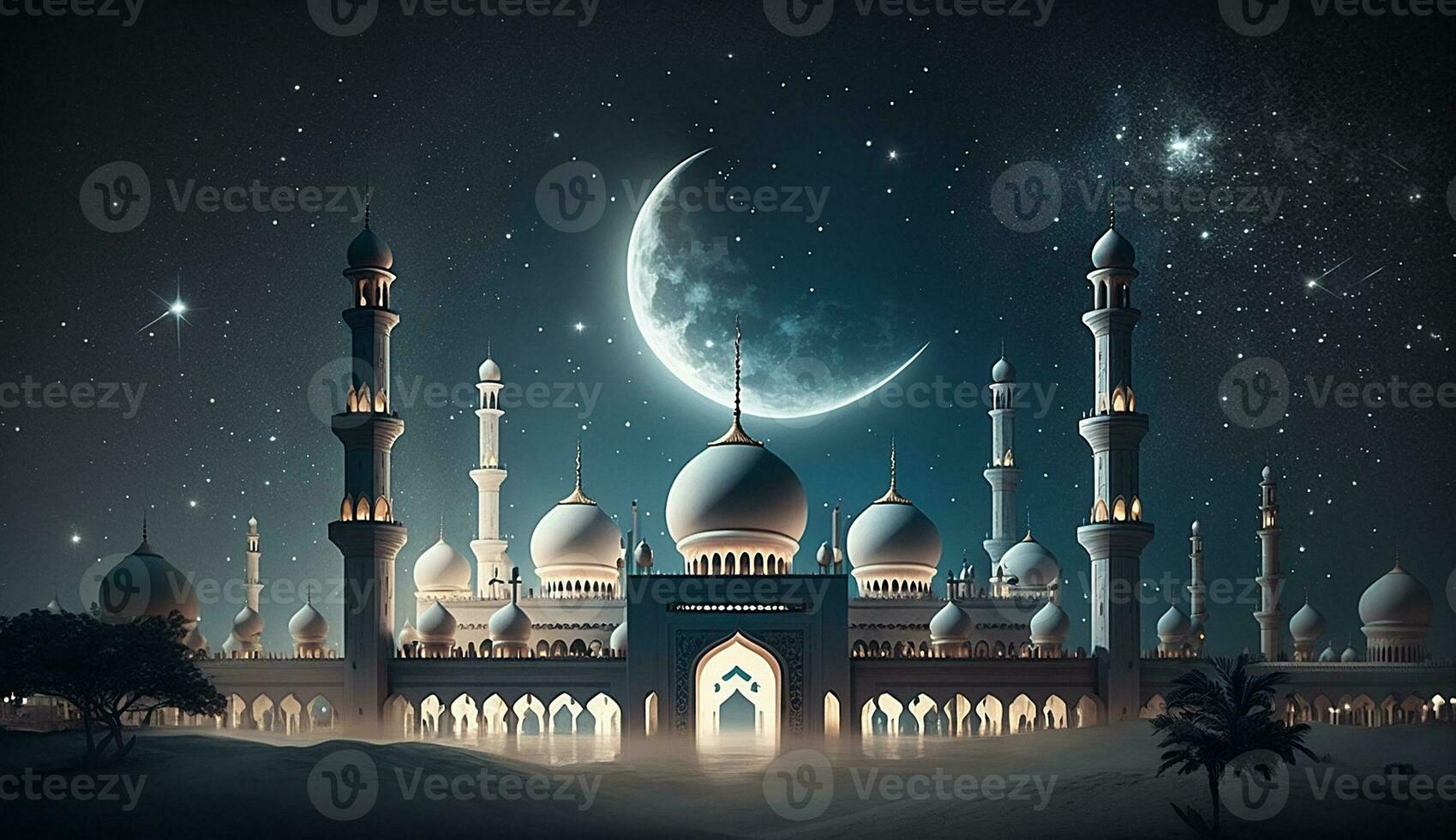 schön islamisch Moschee Landschaft, Halbmond Mond, Hintergrund, Foto, Illustration foto