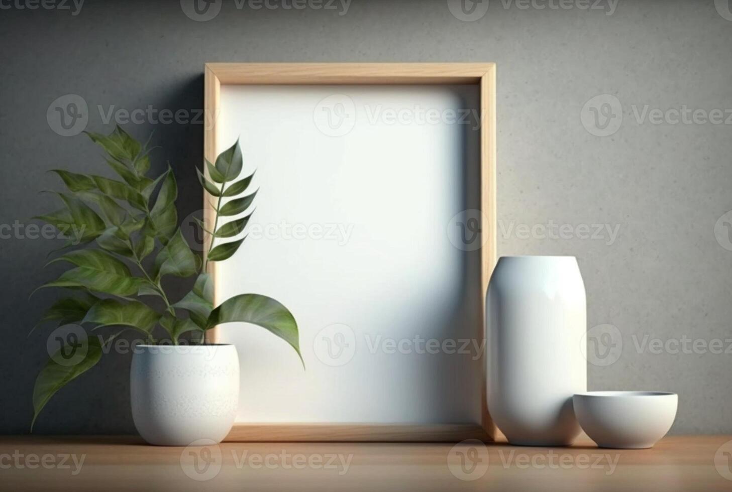 hölzern Rahmen Attrappe, Lehrmodell, Simulation mit Pflanze im Vase auf Mauer Hintergrund, generativ ai foto