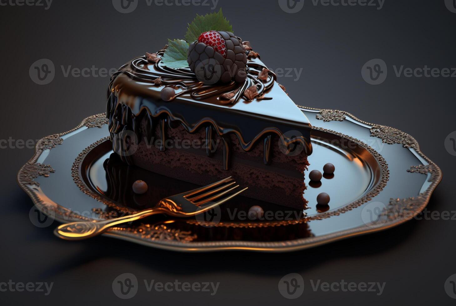 ein Stück von Schokolade Kuchen auf ein Teller mit Besteck. generativ ai foto