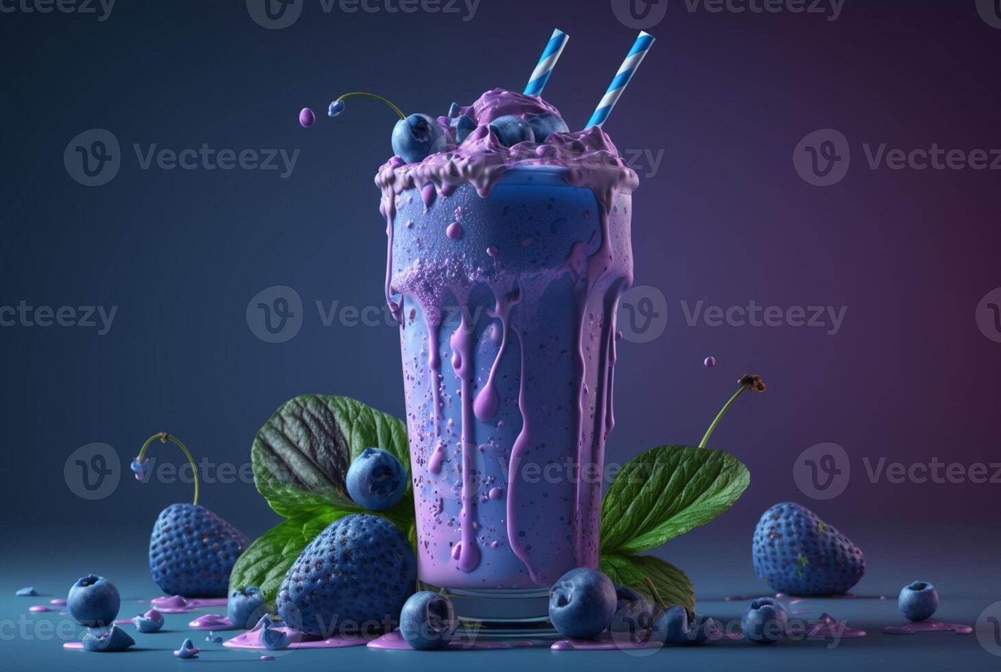 Blaubeere Milchshake. Vanille Milchshake. kalt trinken Konzept. generativ ai foto