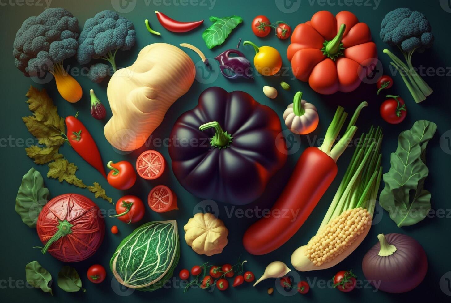 Gruppe von Gemüse, oben Aussicht mit ästhetisch Anordnung, generativ ai foto