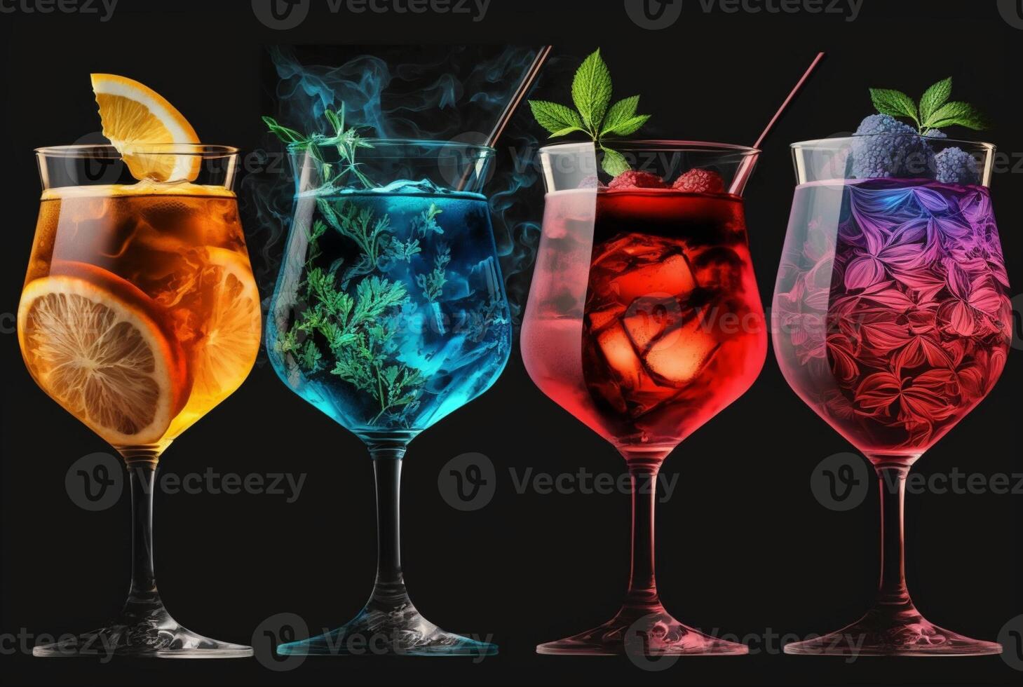 einstellen von verschiedene Cocktails auf ein schwarz Hintergrund. generativ ai foto