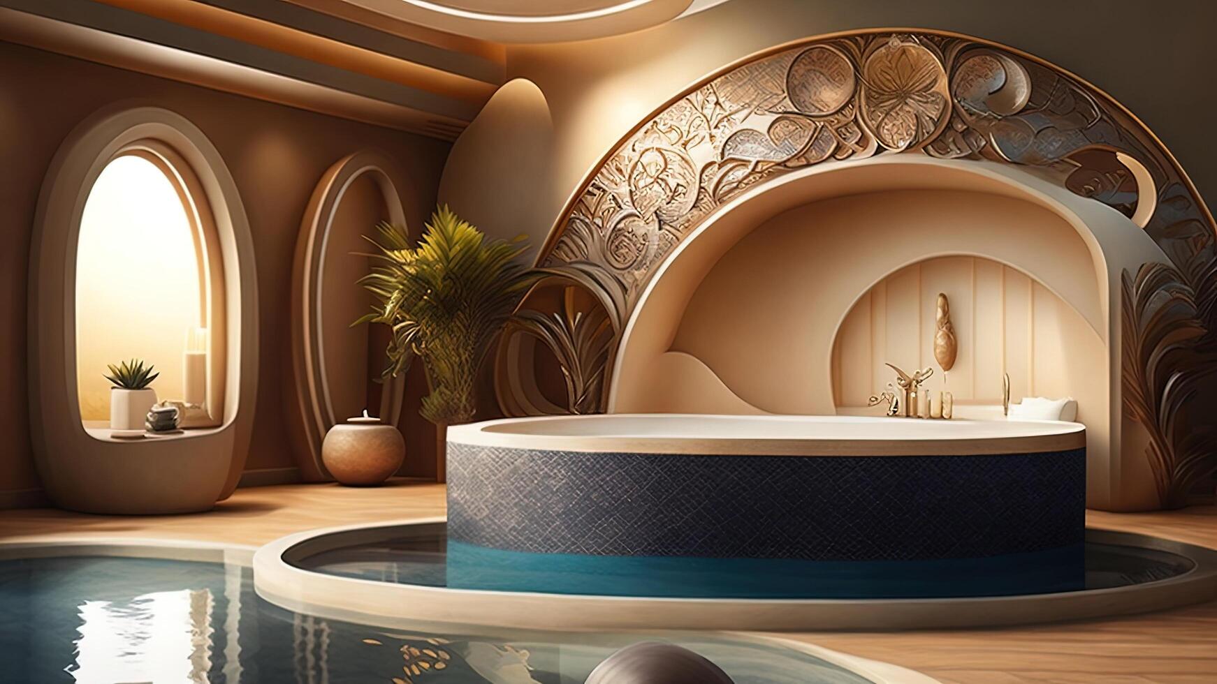 Innere von ein Luxus Spa mit ein runden Badewanne und ein dekorativ Bogen. ai generiert foto