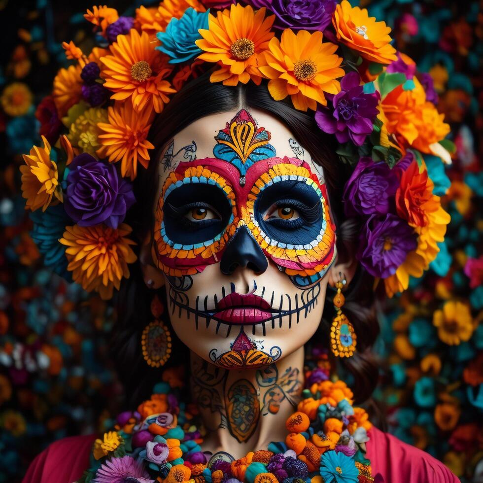 Mexikaner Zucker Schädel Frau. Tag von das tot. dia de los Muertos. generativ ai foto