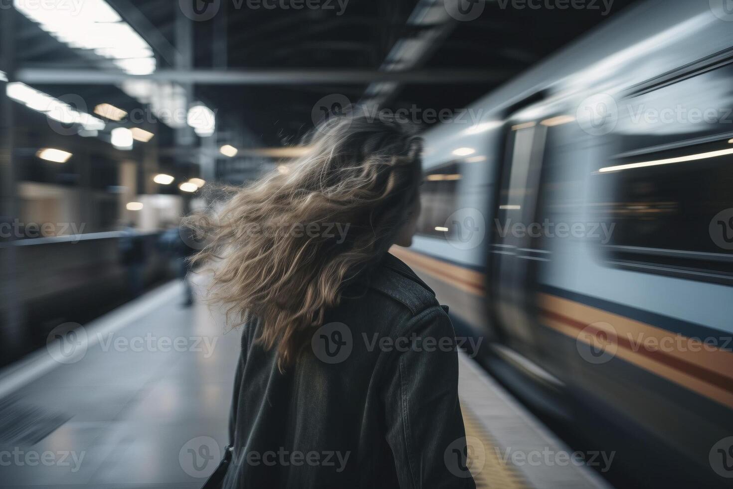 Rückseite Aussicht beim jung Frau beim Zug Bahnhof mit schnell ziehen um Züge, erstellt mit generativ ai foto