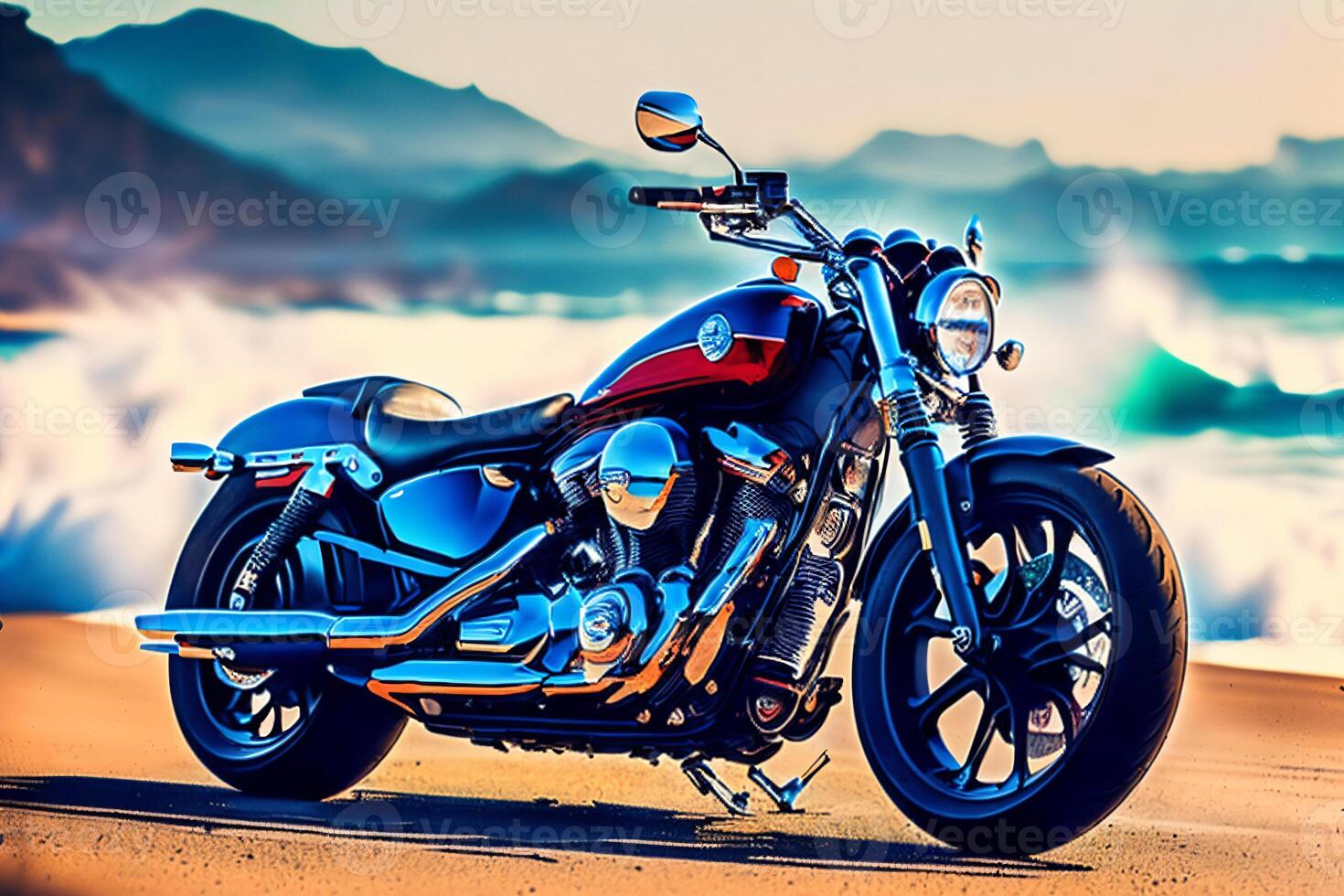 Motorrad geparkt auf das Strand in der Nähe von das Ozean und Berge im das Hintergrund, mit Blau Himmel und Wolken, Digital Wiedergabe, Öl malen. generativ ai foto